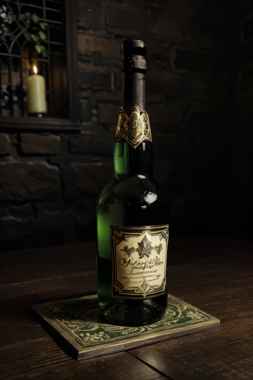 (Obra de arte, melhor qualidade:1.2), 1 garota, Sozinho Create a high definition (4K) absinthe label with a rock and roll theme incorporating the following elements: Character: A brunette fairy with black wings, details in light and translucent green tones, reminiscent of the “reali green fairy” and the inspiring effect of drink. Holding: A chalice of absinthe in one hand and a staff adorned with bones in the other. Visual: Penetrating, surrounded by gothic elements such as gargoyles, bats and tombstones. Alcohol Content: 70% (emphasizing the importance of accurate information). Style: Gothic with dark colors and golden details that resemble the texture of old metal. Font: Elegant and calligraphic in gothic style. Format: High definition (4K) for quality printing. Inspiration: Victorian-era gothic absinthe labels, like those from La Fée Verte. Additional Elements (Optional): Absinthe Brand: “Absinthe Obscura”. Logo: A stylized fairy inside a golden pentagram. Tagline: “An elixir from the depths of the night.” Ingredients: Absinthe, water, sugar, aromatic herbs. Production data: 2024. Important notes: The fairy must be the central element of the label. Label elements must be harmoniously accessible and in colors that complement each other. The text must be legible and easy to identify, even in limited size. Additional details for the gothic theme: Classic gothic elements: gargoyles, bats, tombstones, crosses, cobwebs, etc. A dark and mysterious atmosphere with dark colors: black, light green, burgundy and moss green. Golden details for contrast and elegance. The fairy's mysterious appearance: piercing eyes and enigmatic smile. An aged and worn texture of the label: like an old spell book.