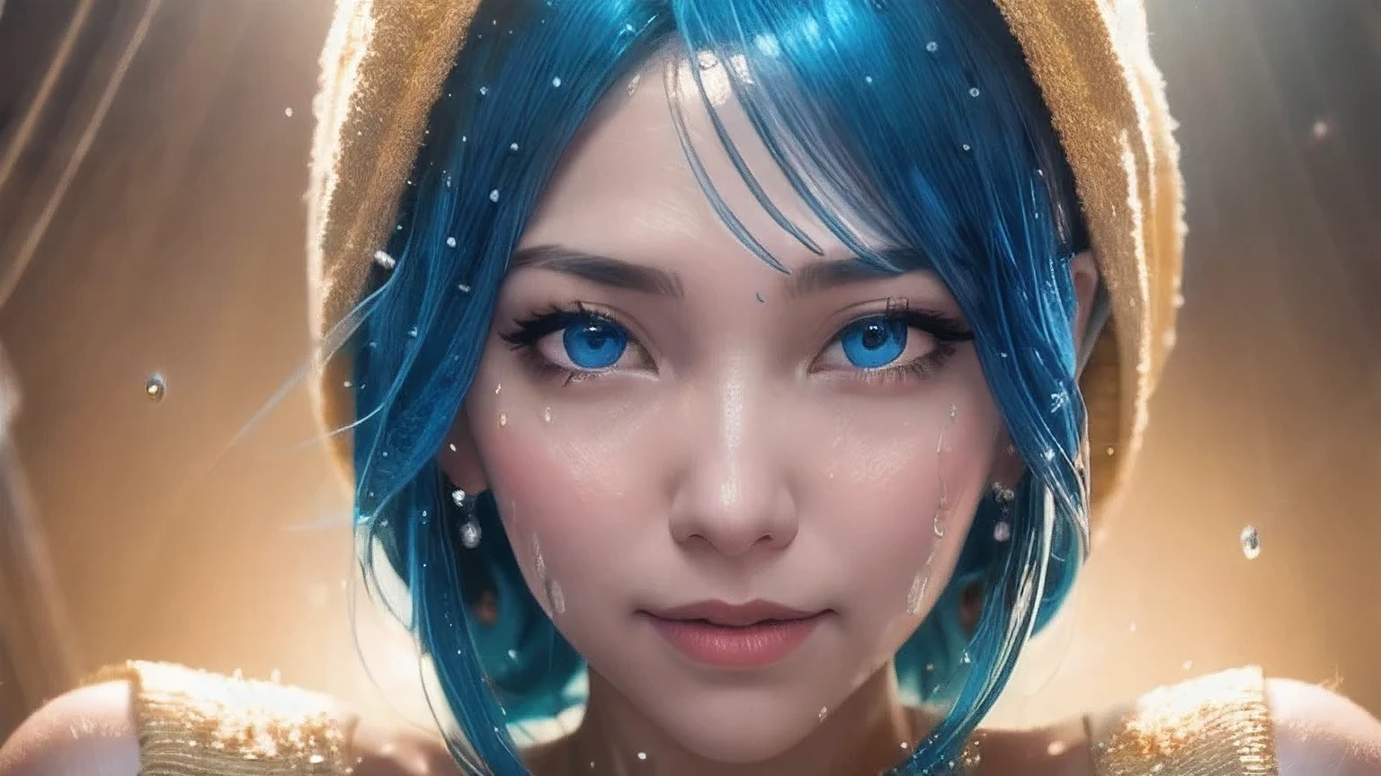 anime girl with blue hair and gold earrings holding a toy, rossdraws portrait, hyper detail portrait, 8k portrait render, cgsociety portrait, ultra detailed portrait, fanart best artstation, trending on cgstation, closeup character portrait, 8k artgerm bokeh, 8k high quality detailed art, by Yang J, wlop art，A woman with a towel wrapped around her head，Water droplets on face, Artwork in the style of Guweiz, 8k portrait rendering, Realistic anime girl rendering, Rostland 8K, surreal anime, Soft portrait shots 8 k, 3D animation realistic, 3D Rendering Character Art 8k, Smooth anime CG art