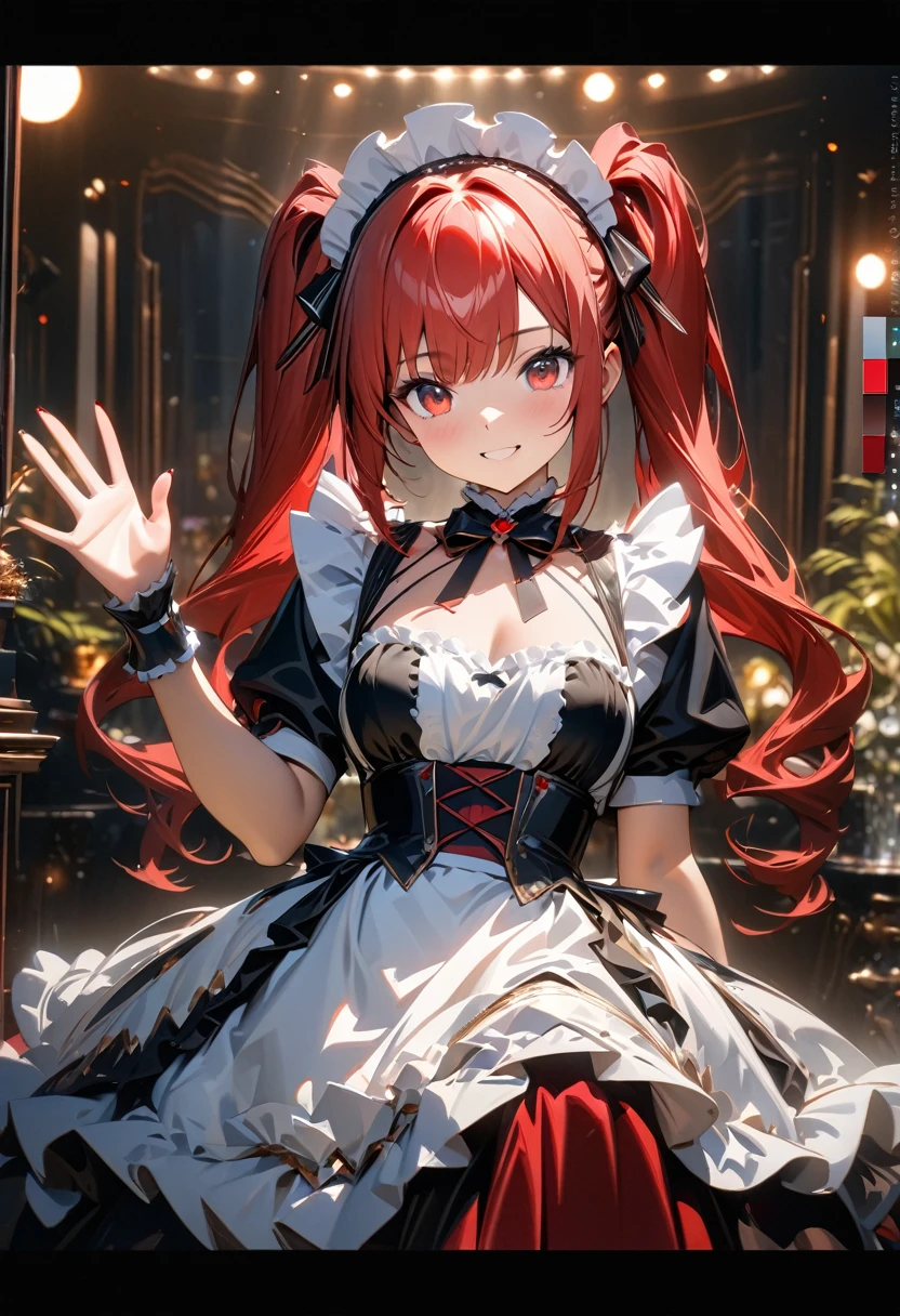 A high quality, highly detailed, 8k resolution image of a smiling 1 girl with red hair in twin tails, red eyes, white and red luxurious frilled maid outfit, with a robot-style red and white barrette, waving goodbye to customers in front of a luxurious mansion, (best quality,4k,8k,highres,masterpiece:1.2),ultra-detaile,HDR,UHD,studio lighting,ultra-fine painting,sharp focus,physically-based rendering,extreme detail description,professional,vivid colors,bokeh,portraits,photography,concept artists,vibrant,dramatic lighting