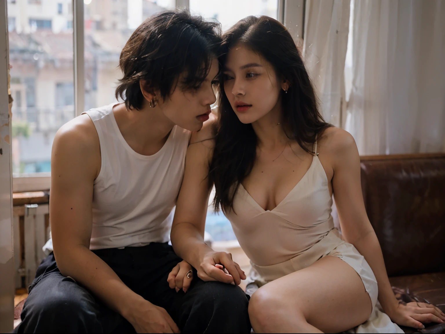 ((best quality)), ((masterpiece)), (detailed), hyperrealistic photograph of a beautiful girl, 20 years old, athletic body very light black hair, ((light and bright brown eyes)), small earring in right ear, very long eyelashes, sensual lips, provocative and expression. big breasts,, sitting pose with her boyfriend couple doing sex