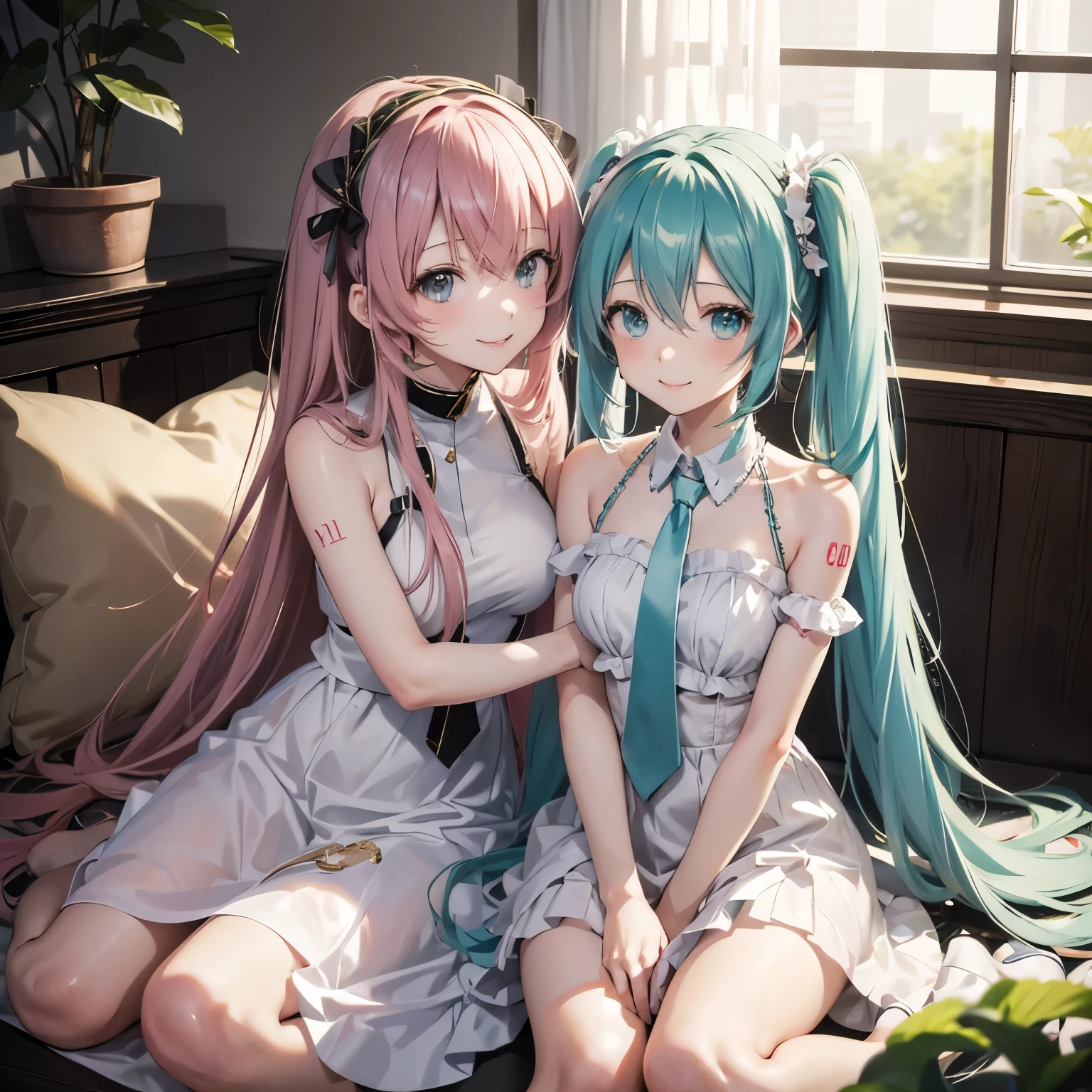 Hatsune Miku、megurine luka、Two Girls、smile、Look here、Wearing a light white dress、They are hugging each other、Sitting