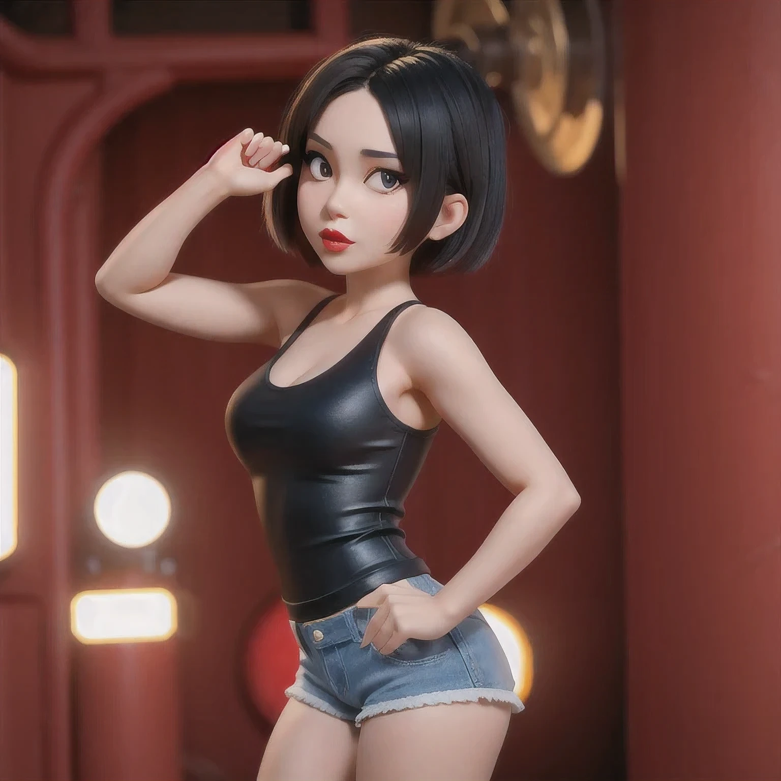 （（（1 Girl）））1 Girl
3d
bare shoulders
black eyes
black hair
blurry
blurry background
breasts
brown eyes
depth of field
leaning forward
lips
lipstick
looking at viewer
makeup
nose
outdoors
realistic
red lips
short hair
shorts
solo
tank top，(Desert Abyss)
