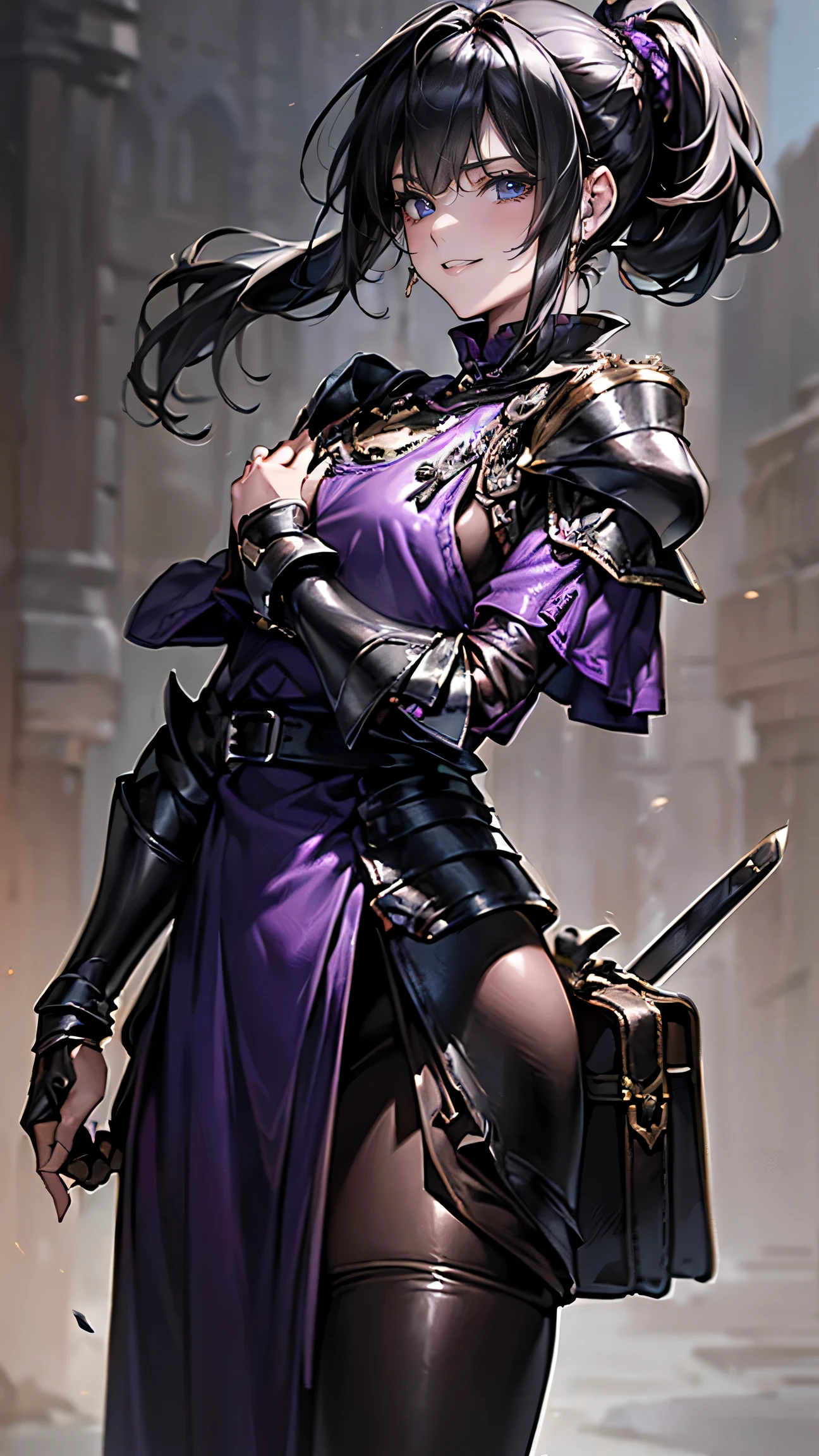 highest quality、masterpiece、8k、Realistic、超High resolution、Very delicate and beautiful、High resolution、Cinema Lighting、medium range shooting、Portraiture、Perfect female body、Opposition、Looking at the audience、((Female Mercenary from Another World、Close fitting leather bib:1.6、Black gauntlets with purple trim:1.4))、Attractive appearance、Flexible body、( (Shiny black hair、ponytail:1.3、Sharp Eye)、Throwing knives at shoulder and hip、Stealth Skills、A radiant smile)、Battlefield of Another World、Experienced、Reward Gold Bag、Loyalty to friendship、People who walk a difficult path々々、contract、strategy。