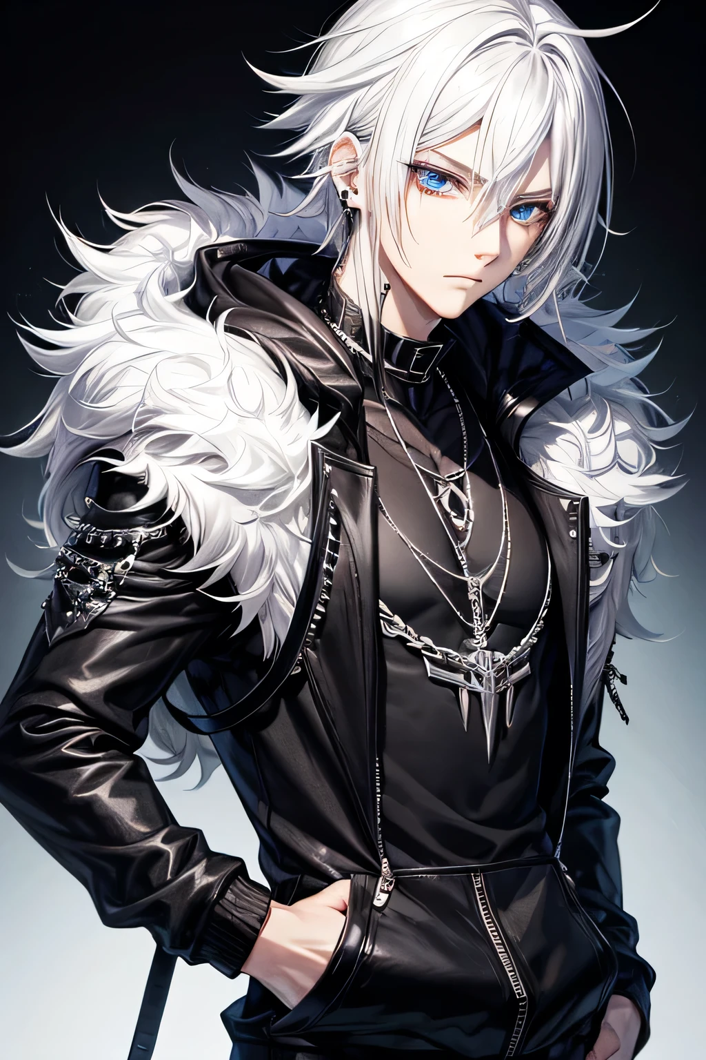 handsome man,Visual Kei,Silver Hair,Spiky Hair,Black hoodie,Jewelry Eye,16K,Beautiful Eyes