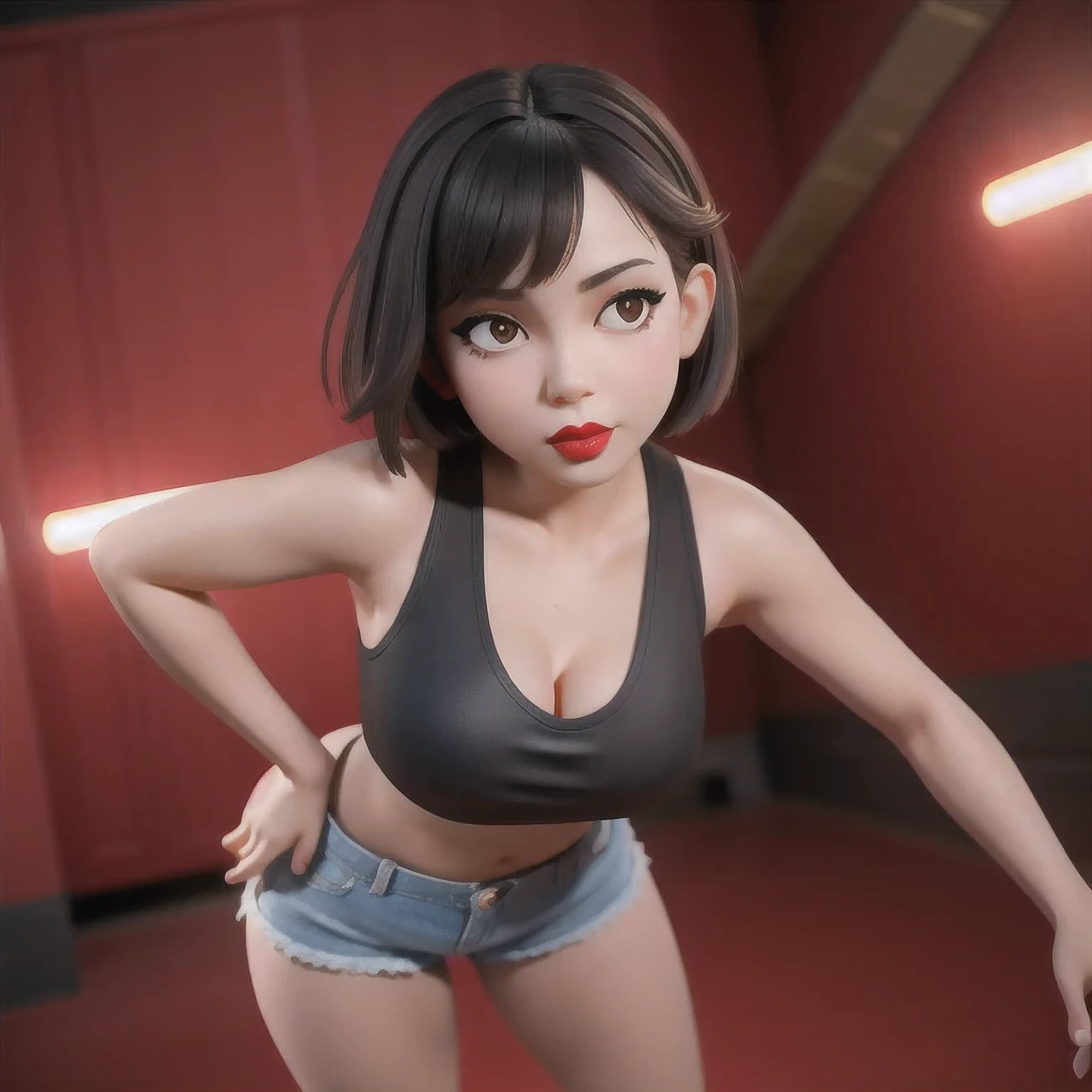 （（（1 Girl）））1 Girl
3d
bare shoulders
black eyes
black hair
blurry
blurry background
breasts
brown eyes
depth of field
leaning forward
lips
lipstick
looking at viewer
makeup
nose
outdoors
realistic
red lips
short hair
shorts
solo
tank top，(Desert Abyss)
