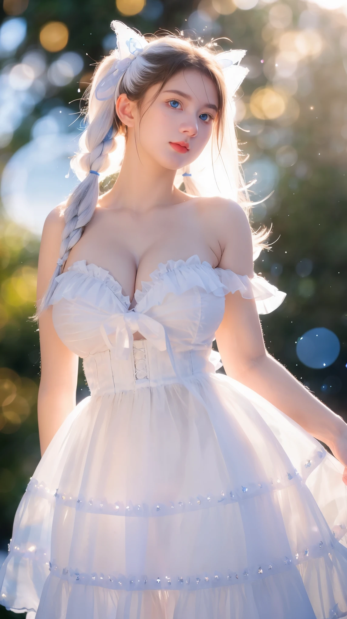 Georgeous, Beautiful, Cute, Baby Face, 18 Years Old, White Skin, Cleavage, ((Colossal Breast:1.3)), Sleeveless, Off Shoulder, Strapless, ((Transparent:1.3)), ((White Long Lolita Dress)), (Embroidery), Posing With Big Fluffy Cat, ((Bright Blue Eye)), ((Muscles:1.3)), ((Bokeh:1.3)), Animal Farmer Background, Masterpiece, Twintails