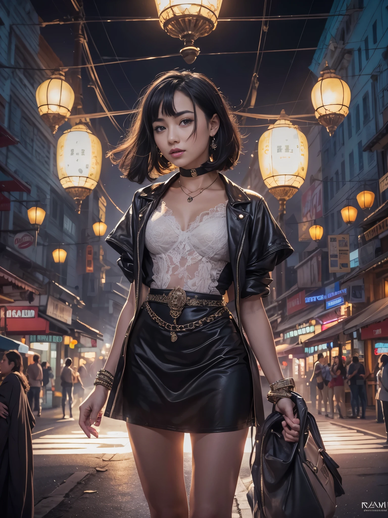 masterpiece, best quality, miranda, (halfbody shot,street lamps,moon),Masterpiece, 1girl, solo exhibition, beautiful woman on the bustling street, surrounded by hawkers, beautiful goddess girl portrait, beautiful and detailed face, porcelain skin, (((bust shot, center, night, black hair, short hair)), super soft lighting, symmetry, complexity, elegance, high detail, realism, art, concept art