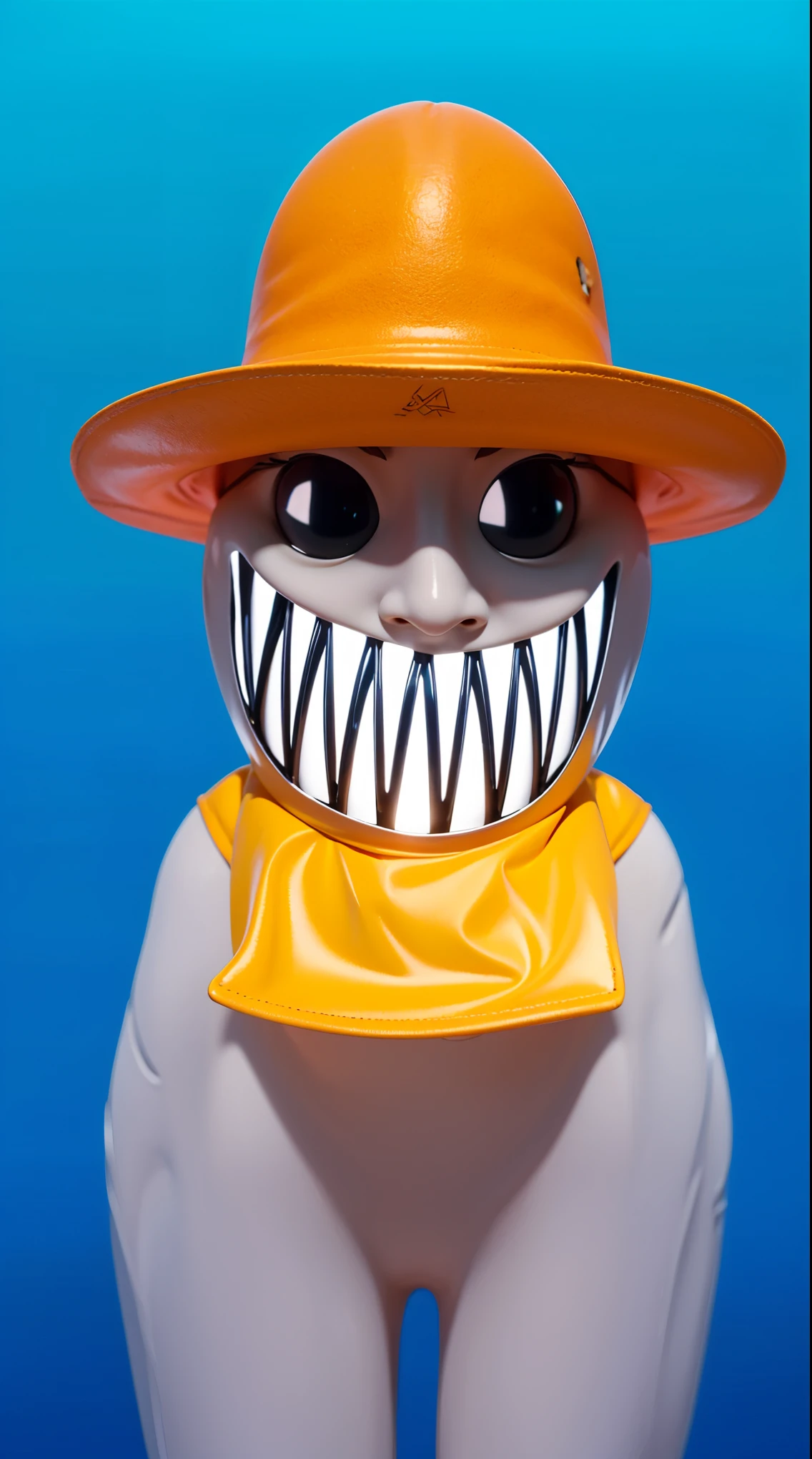 Create an image of a cartoonish character with a grey body, wearing a yellow shirt, and a wide-brimmed orange hat. The character has large, black eyes with white pupils and a wide, sharp-toothed grin. The background should be a gradient of blue, giving a cheerful yet slightly eerie vibe to the overall appearance. cartoon key frame rendering, cute 3D rendering, Shiny metallic,Create ultra sharp цветной рендеринг zbrush. perfect cgi, cgi art created only with gradients, smooth silhouette, Create ultra sharp skin, high intensity refraction, (plastic material), most beautiful vfx, blue background, plastic refractions, glossy texture, smooth 3d model, multiple light sources, rim light, sharp post effects render, (glossy plastic texture with multiple big light probe refractions), perfect cgi, cgi art created only with gradients, smooth silhouette, high intensity refraction, (plastic material), most beautiful vfx, blue background, plastic refractions Create ultra sharp