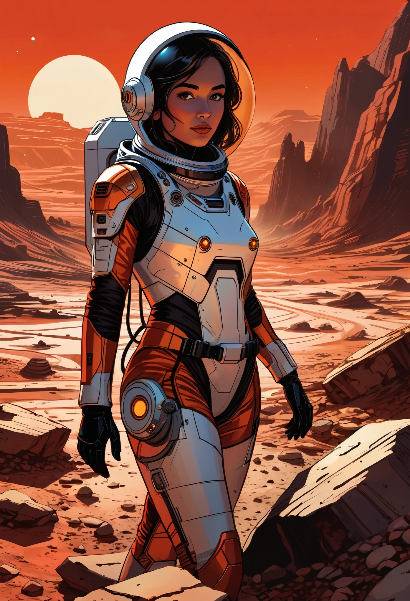 (comic book art) Girl exploring a mysterious landscape on Mars, wearing a futuristic spacesuit with glowing LED lights, surrounded by red dust particles. The color palette is dominated by shades of red and orange, reflecting the Martian environment. The lighting is set to simulate the warm glow of the sun on Mars, casting long shadows on the rocky terrain. The girl's eyes are vivid and expressive, showcasing her curiosity and determination. She is holding a high-tech device in her hand, scanning the surroundings for any signs of life. As she explores, she discovers remnants of an ancient Martian civilization, with crumbling structures and hieroglyphic symbols carved into the rocks. (Roy Lichtenstein, comic book art, perfect, smooth)