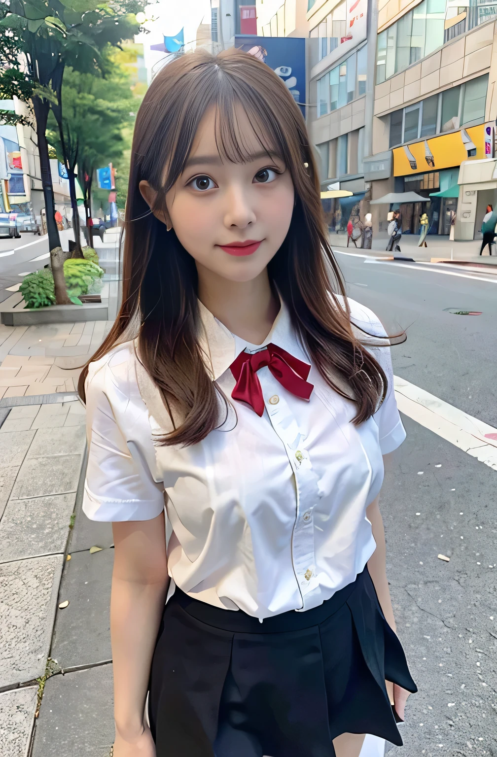 sidewalk, RAW photo, 8K, highest quality, super high resolution, beautiful face details, real human skin, gentle expression, front view, angle from below, long hair, realistic, realistic, cute, short skirt, standing deep in the city, cute , japanese uniform, wearing Japanese , surreal high school girl, full body, Large Breasts,