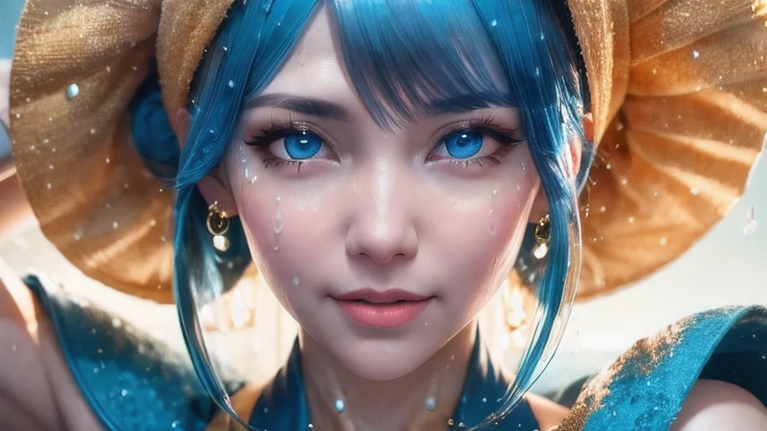anime girl with blue hair and gold earrings holding a toy, rossdraws portrait, hyper detail portrait, 8k portrait render, cgsociety portrait, ultra detailed portrait, fanart best artstation, trending on cgstation, closeup character portrait, 8k artgerm bokeh, 8k high quality detailed art, by Yang J, wlop art,A woman with a towel wrapped around her head,Water droplets on face, Artwork in the style of Guweiz, 8k portrait rendering, Realistic anime girl rendering, Rostland 8K, surreal anime, Soft portrait shots 8 k, 3D animation realistic, 3D Rendering Character Art 8k, Smooth anime CG art