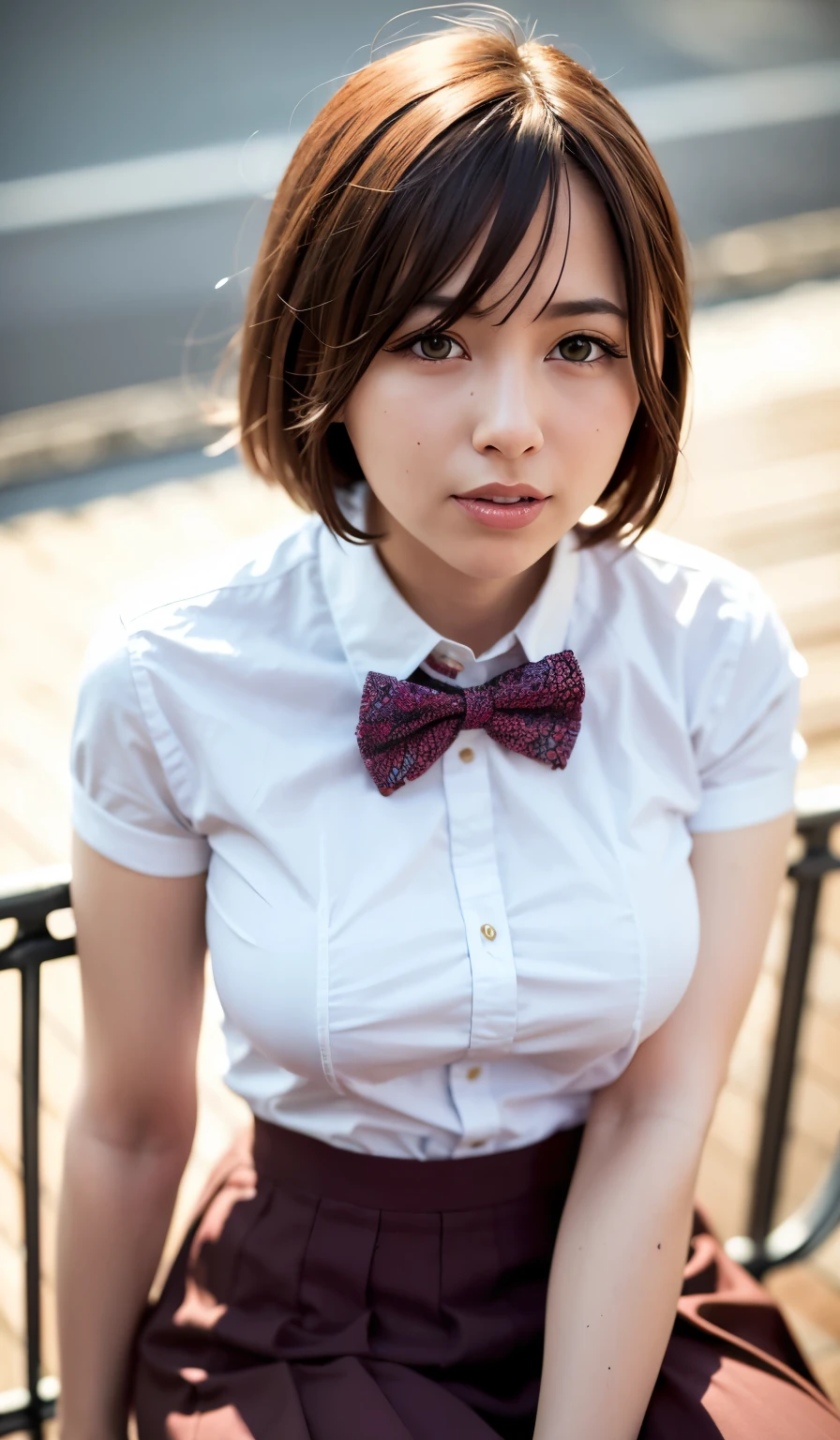 (8k, RAW photo, best quality, masterpiece:1.2), (realistic, photo-realistic:1.37), ultra-detailed,
1 girl,cute, solo,beautiful detailed sky,detailed cafe,night,sitting,dating,(nose blush),(smile:1.1),(closed mouth),large breasts, seductive smile, large aparture, professional lighting, Sony A7R4, Zessie 50mm F1.8,
medium breasts,beautiful detailed eyes,(collared shirt:1.1), bowtie,pleated skirt,(short hair:1.2),floating hair