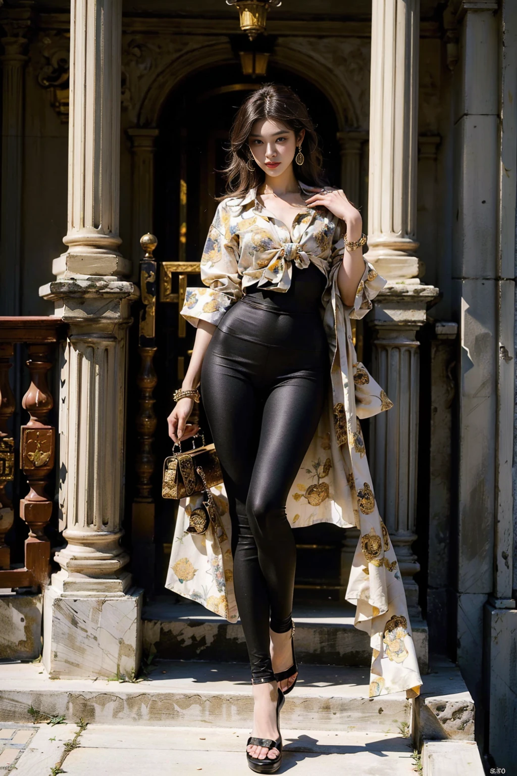 (best quality,4k,8k,highres,masterpiece:1.2), ultra-detailed,(realistic,photorealistic,photo-realistic:1.37), 1 female, age 25, Chinese Hong Kong, Hong Kong Elite, eldest sister, triad female leader, Known for her impeccable fashion sense and elegant demeanor, she is a true embodiment of the Versace brand. Her body language is as captivating as her style, always exuding confidence and high fashion. (((She's wearing an exquisite Versace Barocco-print Shirt in Silk and Barocco-print leggings gold-tone/white/black, a true testament to the brand's luxurious aesthetic.))) Paired with Versace Medusa Tribute Sandals, she carries her ensemble with an air of effortless sophistication. Her accessories include a Versace Medusa Tribute Bag and a pair of Versace Tribute Sunglasses, enhancing her overall look. ((intricate detail)), super finely detailed hands, ultra finely detailed fingers(((ten fingers))), (standing still with confidently), (full body showcase), (show full body), (no logos on background), (no logo).