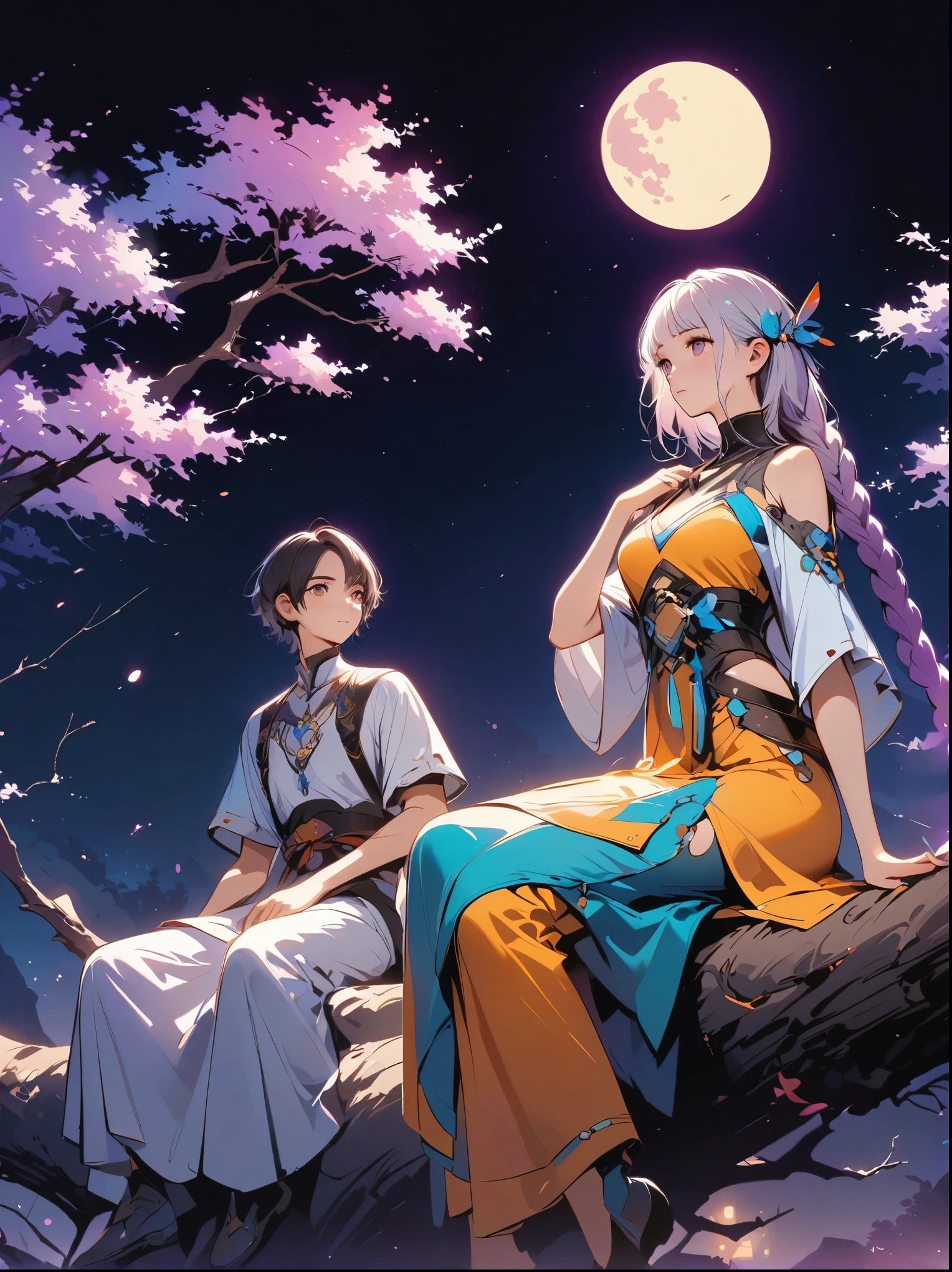 yinji, Romantic ancient style，night，Backlight，A man and a woman sitting on a tree branch，There is a full moon behind，Fresh colors，Soft colors，Diode lamp，Concept art style，Extremely complex details，Clear distinction between light and dark，Structured，Ultra HD, 1yj1