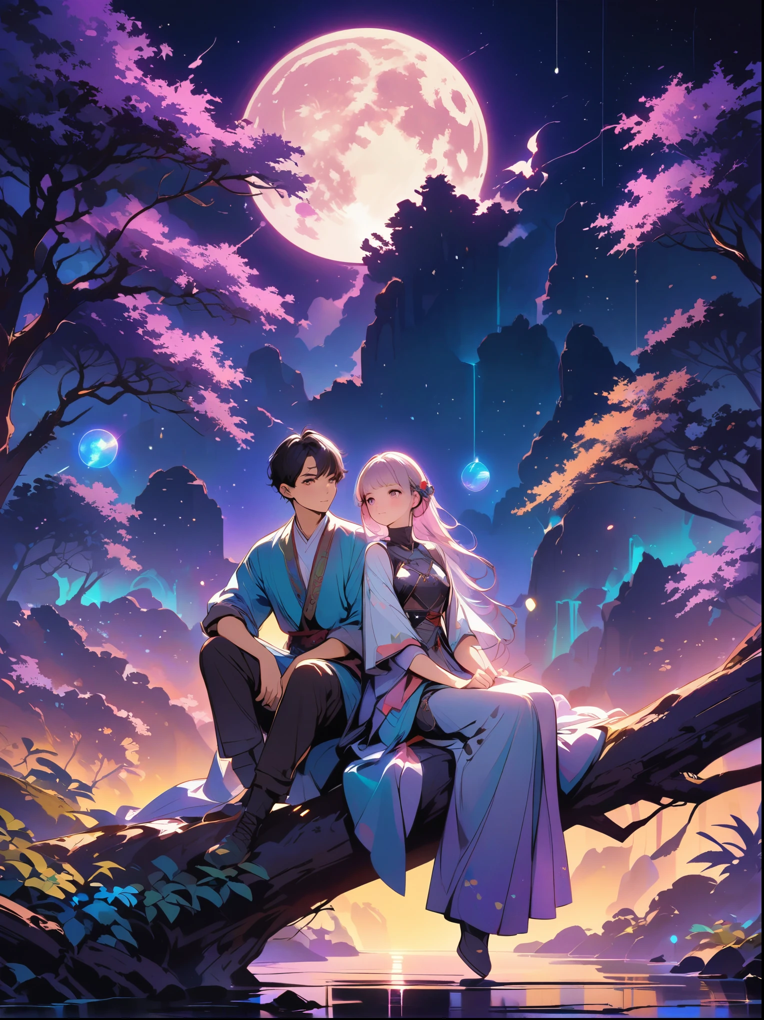 yinji, Romantic ancient style，night，Backlight，A man and a woman sitting on a tree branch，There is a full moon behind，Fresh colors，Soft colors，Diode lamp，Concept art style，Extremely complex details，Clear distinction between light and dark，Structured，Ultra HD, 1yj1