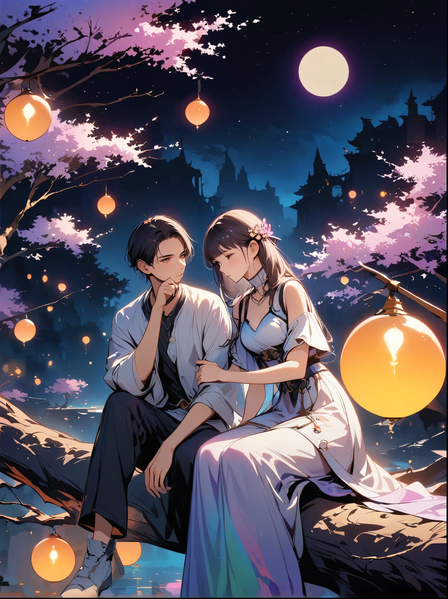 yinji, Romantic ancient style，night，Backlight，A man and a woman sitting on a tree branch，There is a full moon behind，Fresh colors，Soft colors，Diode lamp，Concept art style，Extremely complex details，Clear distinction between light and dark，Structured，Ultra HD, 1yj1