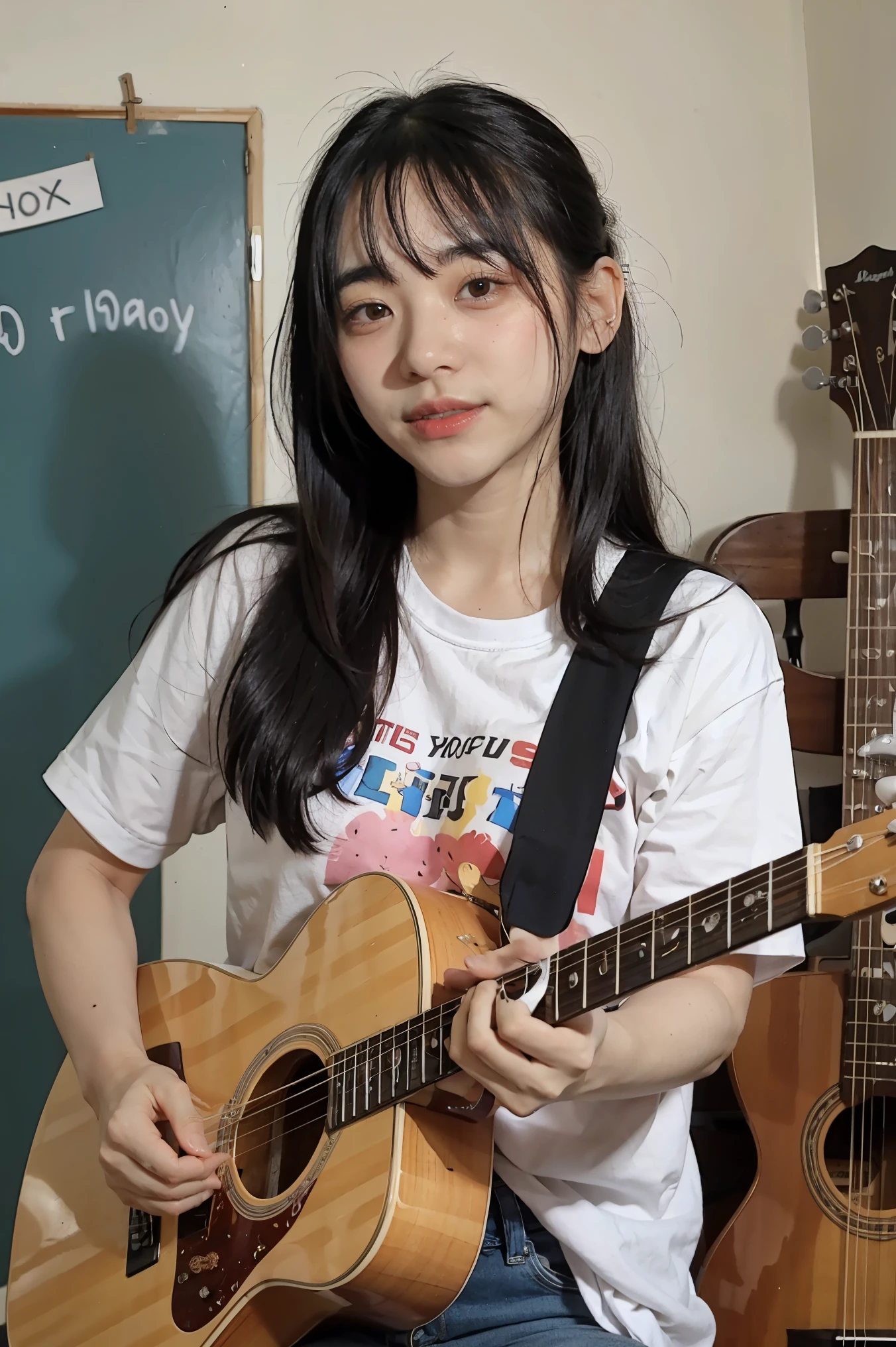bocchi, 1girl, solo, in messy room, guitar,