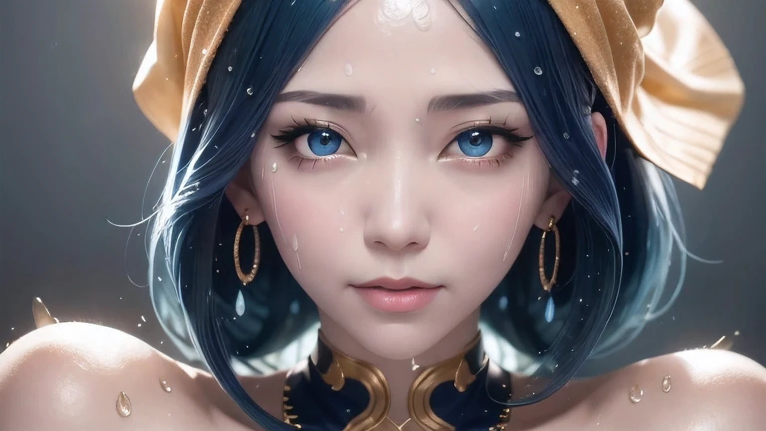anime girl with blue hair and gold earrings holding a toy, rossdraws portrait, hyper detail portrait, 8k portrait render, cgsociety portrait, ultra detailed portrait, fanart best artstation, trending on cgstation, closeup character portrait, 8k artgerm bokeh, 8k high quality detailed art, by Yang J, wlop art,A woman with a towel wrapped around her head,Water droplets on face, Artwork in the style of Guweiz, 8k portrait rendering, Realistic anime girl rendering, Rostland 8K, surreal anime, Soft portrait shots 8 k, 3D animation realistic, 3D Rendering Character Art 8k, Smooth anime CG art