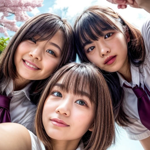 Best_Quality, HDR, masterpiece, Hi-Res, (realistic and photorealistic with touch of rawness:1.37), (group photo:1.6), ((SchoolGirls Surrounding the camera in Upward composition)), Panoramic, (Filled with many Faces), (NOGIZAKA face variations:1.4), { Looking down at the camera | (Kissing face to face) }, (((close:1.2, Face closeup from below:1.4))), (((Sky background)) with CherryBlossoms) . BREAK  Extremely Detailed KAWAII face variations, captivating gaze, elaborate detailed Eyes with (sparkling highlights:1.32), long eyelashes、Glossy RED Lips with beautiful details, Coquettish tongue, Rosy cheeks, Glistening ivory skin . { (Dynamic joyful expressions) | (:D) | (Kissing) }, Childish, SchoolUniform, Every girls has different hair color and style, { Slipped back hair | Bangs | Hime cut  | OKAPPA | White Silver hair | Blonde hair | Dark hair }