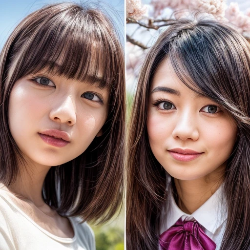 Best_Quality, HDR, masterpiece, Hi-Res, (realistic and photorealistic with touch of rawness:1.37), (group photo:1.6), ((SchoolGirls Surrounding the camera in Upward composition)), Panoramic, (Filled with many Faces), (NOGIZAKA face variations:1.4), { Looking down at the camera | (Kissing face to face) }, (((close:1.2, Face closeup from below:1.4))), (((Sky background)) with CherryBlossoms) . BREAK Extremely Detailed KAWAII face variations, captivating gaze, elaborate detailed Eyes with (sparkling highlights:1.32), long eyelashes、Glossy RED Lips with beautiful details, Coquettish tongue, Rosy cheeks, Glistening ivory skin . { (Dynamic joyful expressions) | (:D) | (Kissing) }, Childish, SchoolUniform, Every girls has different hair color and style, { Slipped back hair | Bangs | Hime cut | OKAPPA | White Silver hair | Blonde hair | Dark hair }