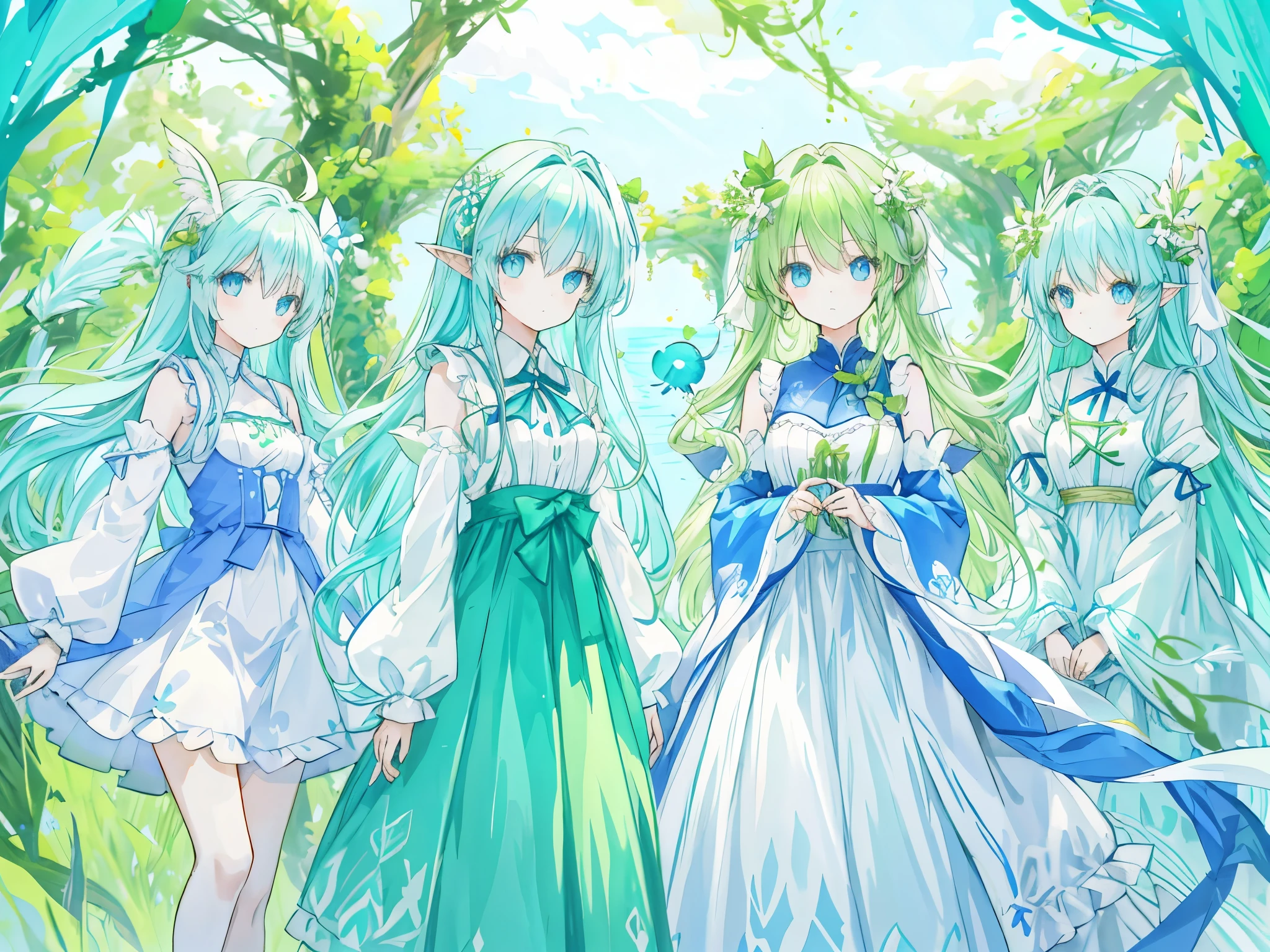 Mint Images、Feather dragon horn ears、blue hair、White Dress、Chartreuse and green ribbon、four leaf clover、Very beautiful dress、Tie at the waist、Hair accessories、装飾の多いHair accessories、Single Braid、Put your hair on your shoulders、blue eyes、Gem Eyes、Depth of writing boundaries、grassland、White Clover、girl、detailed、Beautiful composition、Wind、Headband、Lovely、12 岁girl、Dragon Lady、Light blue eyes、Small Breasts
