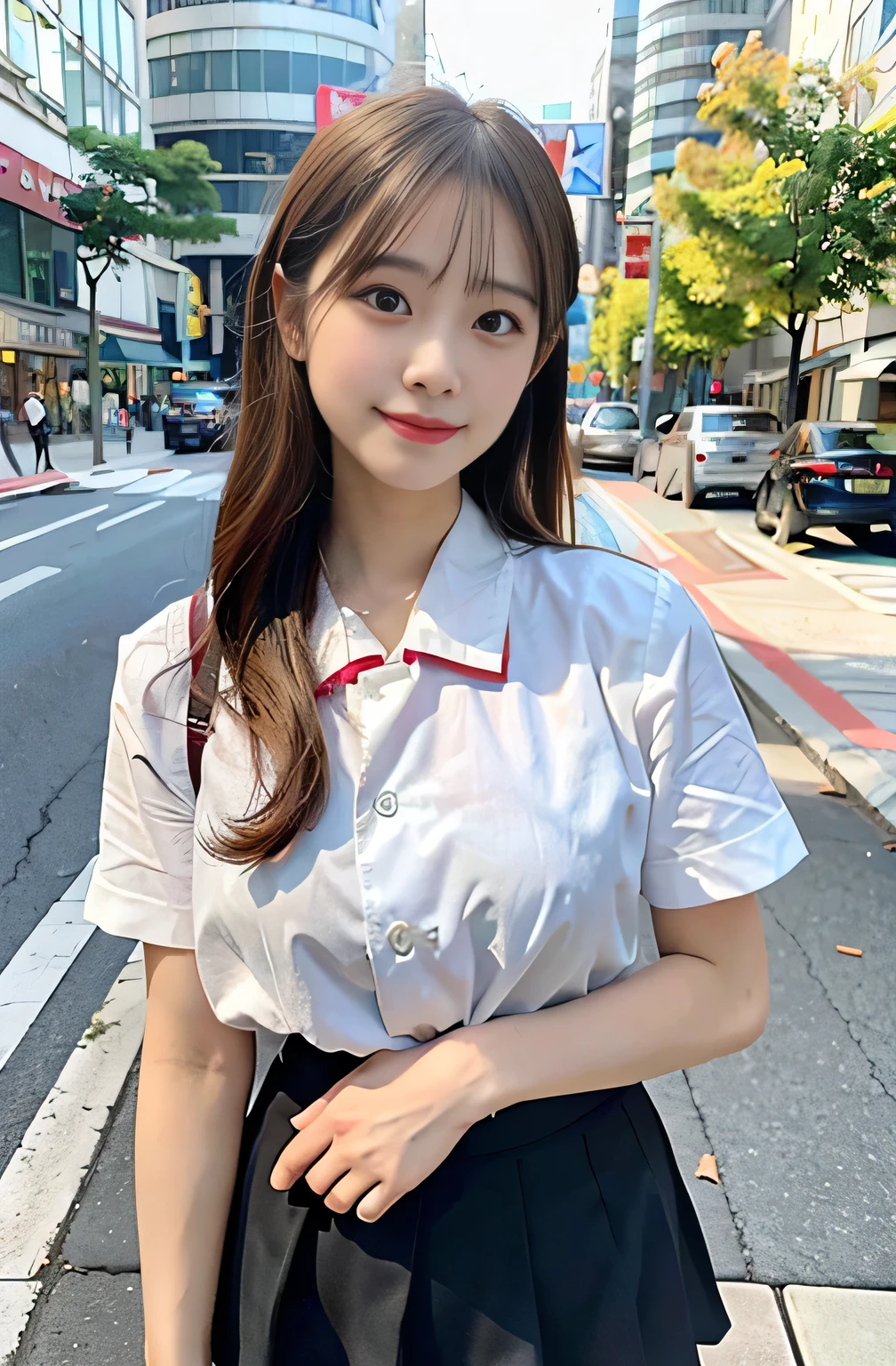 sidewalk, RAW photo, 8K, highest quality, super high resolution, beautiful face details, real human skin, gentle expression, front view, angle from below, long hair, realistic, realistic, cute, short skirt, standing deep in the city, cute , japanese  uniform, wearing Japanese , surreal high school girl, full body, Large Breasts,