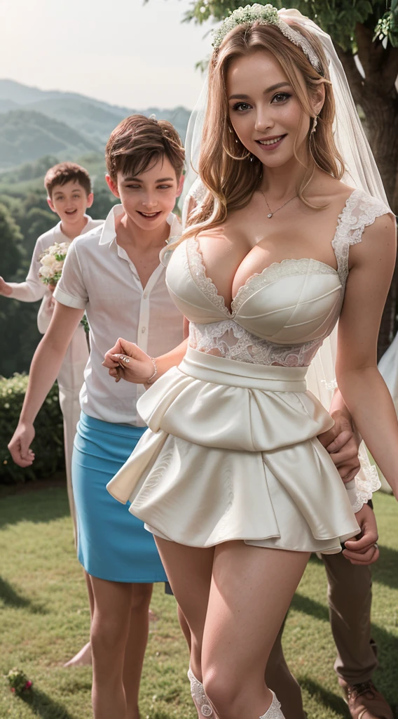 (one ultra sexual 32 year old sexy angelic supermodel mother bride intimately embracing her young teenage sons:1.7), high quality fingers, normal hands, detailed fingers, masterpiece, (she is wearing an ultra sexy micro-mini bridal skirt:1.4), (realistic, photo-realistic:1.37), (full body:1.5), (masterpiece), ((nude exposed breast:1.5)), best quality, ultra beautiful woman, slender legs, large FF cupped lactating breasts, ultra deep cleavage:1.5, thin waist, blonde hair, bright blue eyes, cute round ass, with a fun quirky smile, unbuttoned blouse, (cleavage in V:1.3), a family hug photo, outdoor family wedding setting , view from side