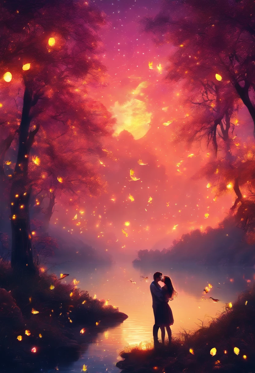 (masterpiece,4K,8k,wallpaper)、Lake with a lot of fireflies、Fantasy World、A man and a woman hug each other and try to kiss、The fantastic light of fireflies、Romantic view、Shining Lake、Fantastic World、beautiful