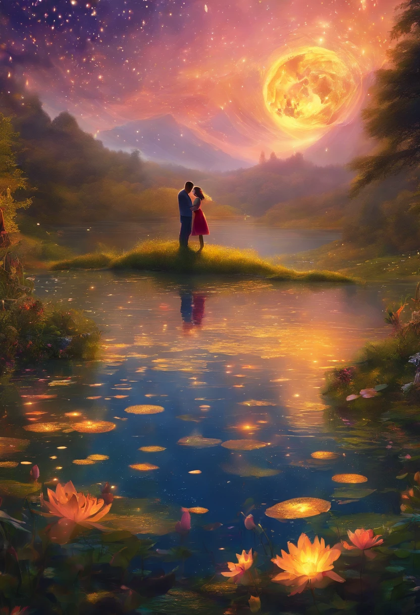 (masterpiece,4K,8k,wallpaper)、Lake with a lot of fireflies、Fantasy World、A man and a woman hug each other and try to kiss、The fantastic light of fireflies、Romantic view、Shining Lake、Fantastic World、beautiful