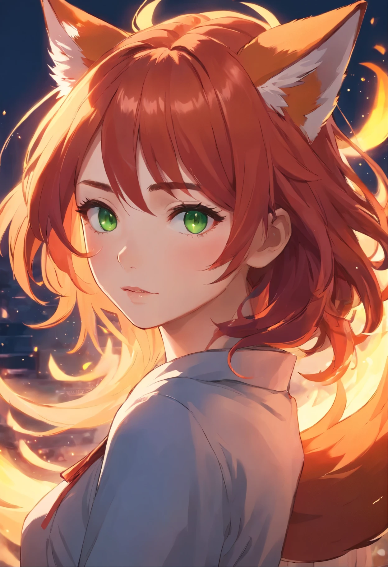 a close up of a woman with red hair and a fox, a beautiful fox lady, foxgirl, orange skin and long fiery hair, green eyes, magali villeneuve', graphic artist magali villeneuve, ginger hair and fur, inspired by Magali Villeneuve, in style of anne stokes, red haired goddess, fantasy fox love, fire hair, by Galen Dara
