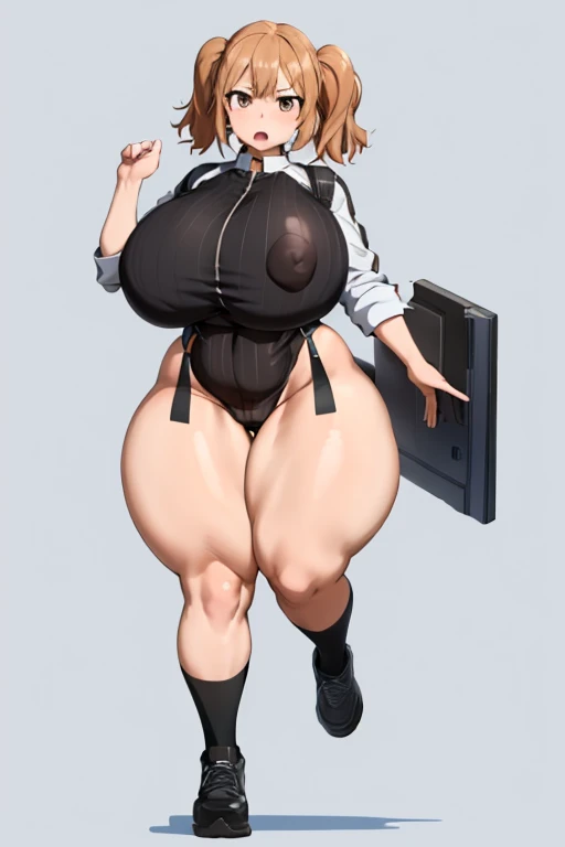 One Girl,Precise five fingers,{Knee-high socks}、(((Wide Hips)))、 (((plump and thick thighs)))、((Big Ass))、(Big Breasts) Embarrassed look,whole body、Long Hair、Sexy pose,Black footwear、Black Hair、blonde、Short skirt、