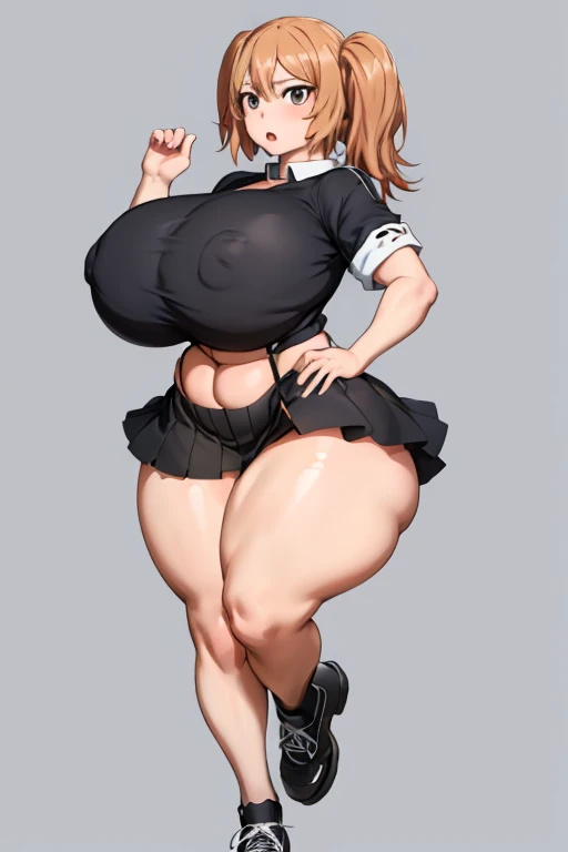 One Girl,Precise five fingers,{Knee-high socks}、(((Wide Hips)))、 (((plump and thick thighs)))、((Big Ass))、(Big Breasts) Embarrassed look,whole body、Long Hair、Sexy pose,Black footwear、Black Hair、blonde、Short skirt、