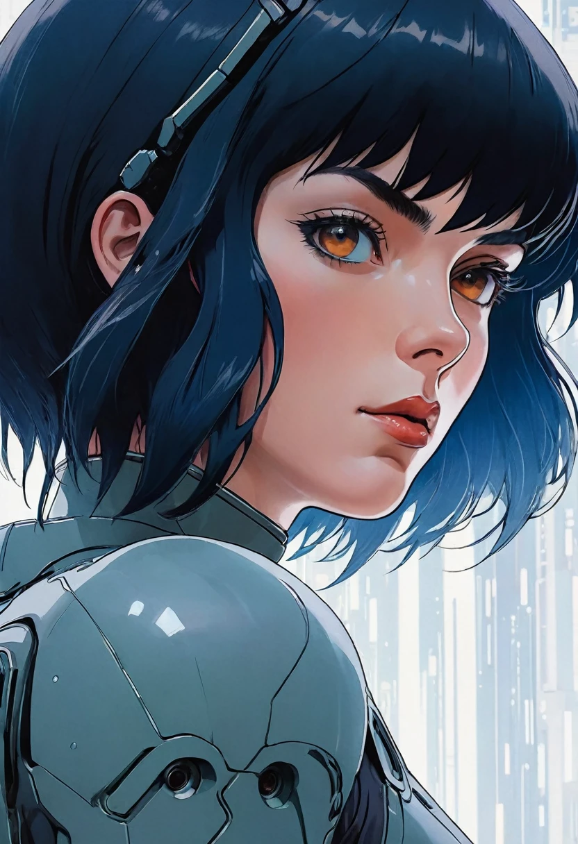 Ghost in the Shell, Female face close-up, Science Fiction, Futuristic, Surrealism, Akira Style, Early litigation, Detailed line art, fine details, In the style of 90s retro anime