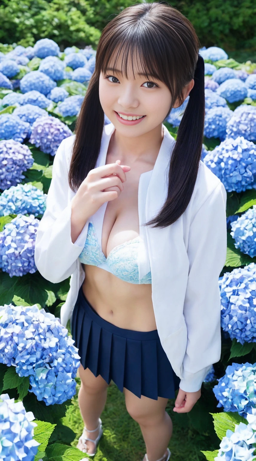 最high quality、high quality、Best image quality、Light blue sailor suit、Tight clothing、(Large Breasts),Summer clothes、Pleated Skirt、Twin tails、smile、Lift up your clothes with your hands、The underside of her white bra is slightly visible.、最High resolution、High resolution、最high quality、masterpiece、RAW Photos、whole body写真、Detailed and realistic human body、Detailed and realistic skin、Realistic face in every detail、Detailed and realistic eyes、Detailed and realistic lips、Detailed and realistic teeth、Detailed and realistic ears、Detailed and realistic hair、Detailed and realistic weapons、Realistic reproduction of every detail、Realistic fingers in every detail、(Beautiful Hands、thumb1reference4)、Realistic feet down to the last detail、((Beautiful Japanese Woman))、(Japanese Model)、((21 year old beautiful woman))、(Black Hair)、(Straight hair)、((whole body))、(Slim and perfect figure)、(whole body光沢肌、Fair skin)、Detailed and realistic human body、Detailed and realistic skin、Realistic face in every detail、Detailed and realistic weapons、Realistic fingers in every detail、Detailed realistic feet、Soft natural light、Japanese garden、A 360-degree view of hydrangea fields、((Standing in the middle of a hydrangea field(A girl surrounded by hydrangeas 360 degrees))、Poses to make your thighs look beautiful