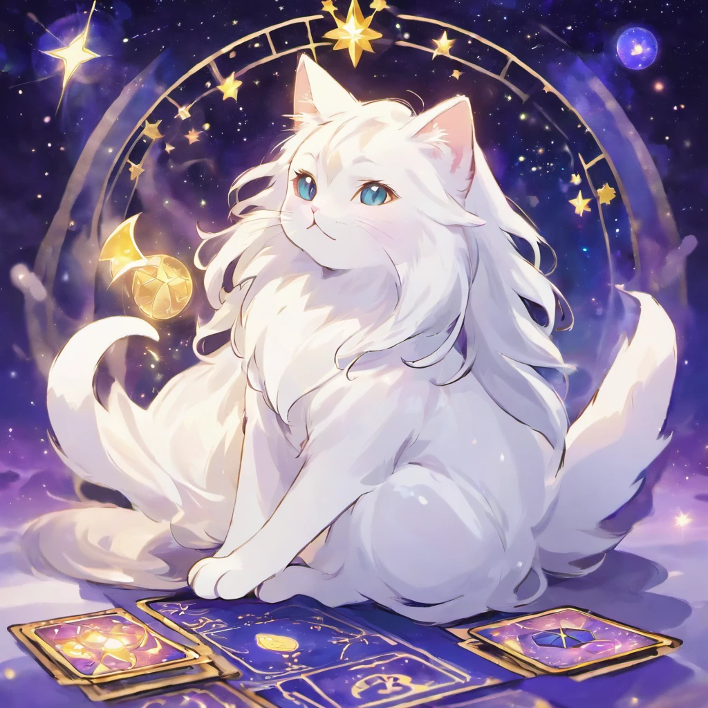 A beautiful long-haired white cat enjoying a tarot card reading,moonlight,A fantastic and mysterious background with starlight