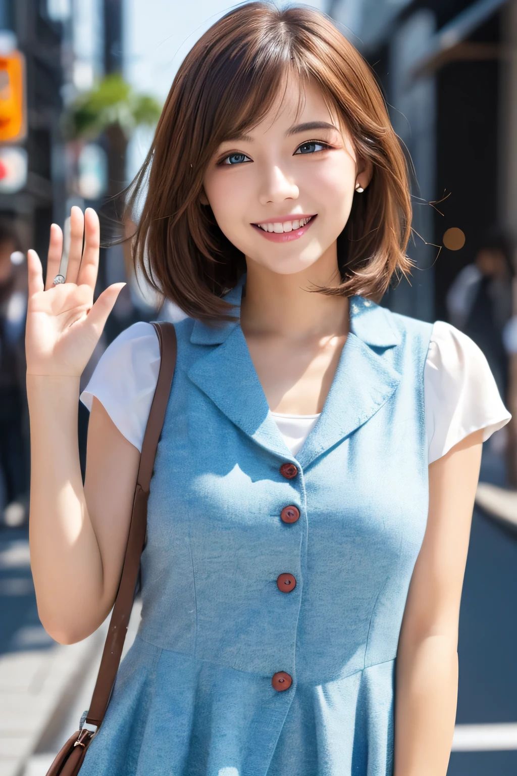 ((masterpiece)), ((best quality)), (ultra-detailed), ((kawaii)), cute, ((lovely)), (sexy), ero, ((extremely detailed)), (detailed fingers), (8K), 4K, (beautiful), illustration, body shot:1.3, (waving), (walking:1.3), dynamic angle, looking away, (downtown area, tokyo), a cute woman, 1woman, solo, Japanese, (peplum gilet blouse), (beautiful brown hair:1.3), (shaggy cut), ((beautiful hair)), tareme:1.5, beautiful blue eyes, ((beautiful eyes)), white teeth, (smile), blush, shiny,