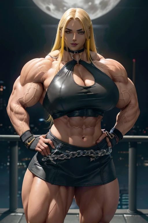 (((((Massive, beautiful, light brown skinned, buff, muscular woman with yellow hair, black lipstick, glowing gray eyes, ginormous bulky muscles, places hands on hips and wearing a black halter top and leather pencil miniskirt))))), (close view), (massive muscle), massive biceps, hyper muscle shoulders, vascular shoulders, hyper muscle triceps, (long flowing hair), gray glowing eyes, (wristbands), pencil miniskirt, chain belt, choker, thigh high heels, (in a moonlit city), fingerless gloves, closed smile, night, hyper vascular arm, hyper muscles arms, hyper muscle legs, massive arms.