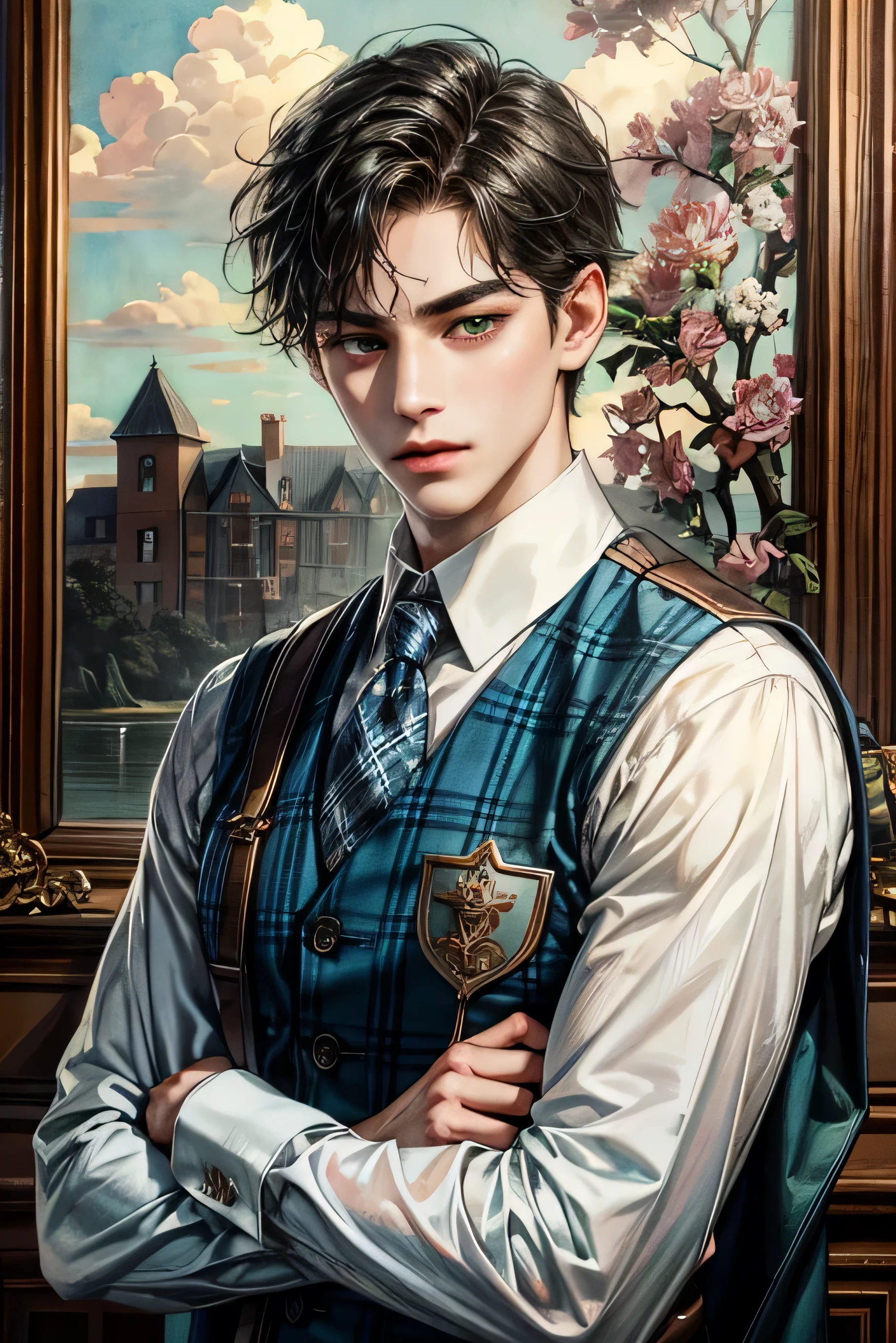 (absurdres, highres, ultra detailed, HDR), masterpiece, Intricate details,best quality close-up picture of a young man, black hair, green eyes, burton style, anime eyes, masterpiece, top quality, best quality, official art, enchanting and aesthetic:1.2), a strong jawline, wearing a blue plaid vest under a white shirt. He is posing with his arms crossed. The backround is color white.extremely detailed accessory, pale skintone (realistic art:1.3),highest detail, kenouji, Teen, boy, young man, male, short hair, close-up face, perfect face, extremely clean details,,clean details , detailed town scenery, detailed character, art kenouji
