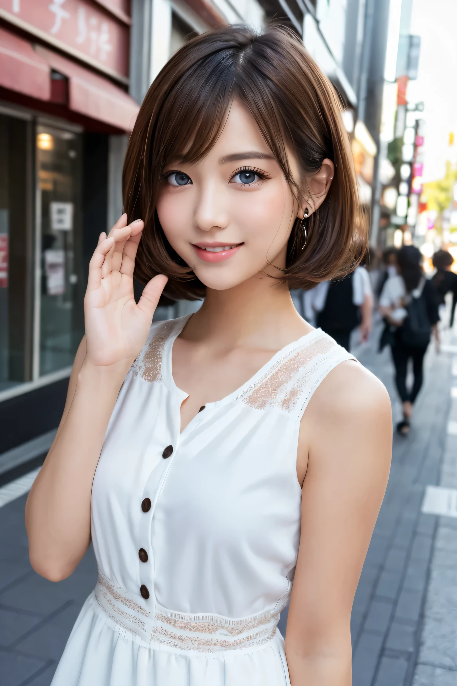 ((masterpiece)), ((best quality)), (ultra-detailed), ((kawaii)), cute, ((lovely)), (sexy), ero, ((extremely detailed)), (8K), 4K, (beautiful), illustration, cowboy shot:1.3, (waving), (walking:1.3), dynamic angle, looking away, (downtown area, tokyo), a cute woman, 1woman, solo, Japanese, (peplum gilet blouse), (beautiful brown hair:1.3), (shaggy cut), ((beautiful hair)), tareme:1.5, beautiful blue eyes, ((beautiful eyes)), white teeth, (smile), blush, shiny, 