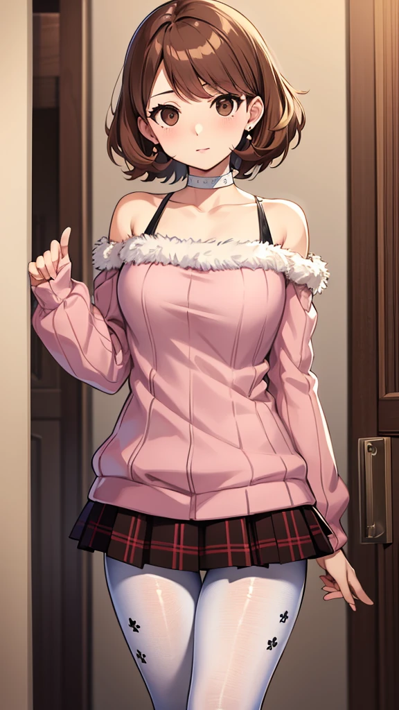 masterpiece, best quality, highres, 1girl, solo, haru okumura, (brown eyes:1.5), brown hair, short hair, black footwear, layered sleeves, loafers, long sleeves, pantyhose, pink sweater, plaid, plaid skirt, pleated skirt, print pantyhose, ribbed sweater, , shoes, short over long sleeves, shuujin academy , skirt, sweater, white pantyhose, takebawinter, dress, fur trim, choker, earrings, bare shoulders, collarbone, happy, cowbow shot, dressing room