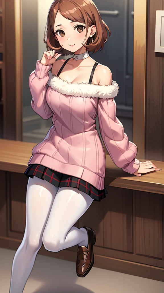 masterpiece, best quality, highres, 1girl, solo, haru okumura, (brown eyes:1.5), brown hair, short hair, black footwear, layered sleeves, loafers, long sleeves, pantyhose, pink sweater, plaid, plaid skirt, pleated skirt, print pantyhose, ribbed sweater, , shoes, short over long sleeves, shuujin academy , skirt, sweater, white pantyhose, takebawinter, dress, fur trim, choker, earrings, bare shoulders, collarbone, happy, cowbow shot, dressing room