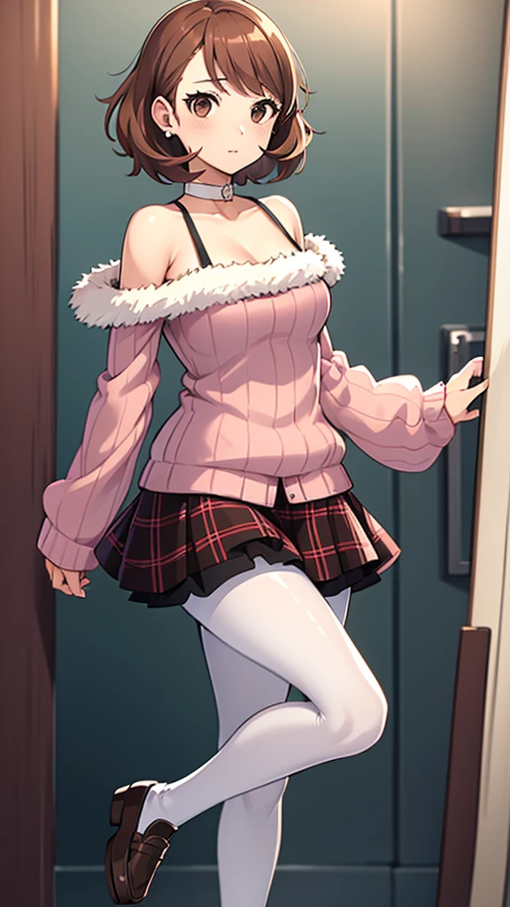 masterpiece, best quality, highres, 1girl, solo, haru okumura, (brown eyes:1.5), brown hair, short hair, black footwear, layered sleeves, loafers, long sleeves, pantyhose, pink sweater, plaid, plaid skirt, pleated skirt, print pantyhose, ribbed sweater, , shoes, short over long sleeves, shuujin academy , skirt, sweater, white pantyhose, takebawinter, dress, fur trim, choker, earrings, bare shoulders, collarbone, happy, cowbow shot, dressing room