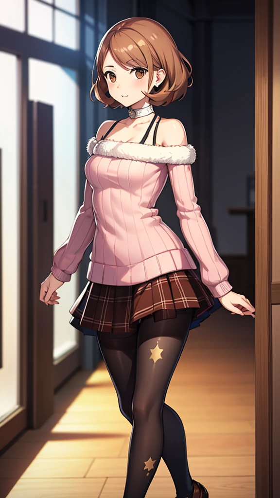 masterpiece, best quality, highres, 1girl, solo, haru okumura, (brown eyes:1.5), brown hair, short hair, black footwear, layered sleeves, loafers, long sleeves, pantyhose, pink sweater, plaid, plaid skirt, pleated skirt, print pantyhose, ribbed sweater, , shoes, short over long sleeves, shuujin academy , skirt, sweater, white pantyhose, takebawinter, dress, fur trim, choker, earrings, bare shoulders, collarbone, happy, cowbow shot, dressing room