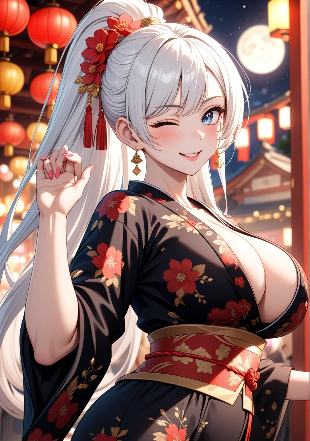 ((one personの女性)), Beautiful Face,Laugh shyly,((Wink:2.0)),Laughing with your mouth open,turn bright red,Glossy pink lips,night,Shrine festival stalls,((Anime style background)),masterpiece, highest quality, so beautiful, up to date, Complex details, (Pink long nails),AI-generated, Complex,High resolution, highest quality, super high quality,3D Images、View your audience、3D Images,one person,Long white hair,High Ponytail,blue eyes,Anime woman posing for a photo, [[Fine grain、Colorful eyes、Shining Eyes:1.15]],(Squint your eyes:1.1),a hyperRealistic , hyperRealistic , Realistic,Long haired white haired anime woman, Smooth anime CG art, A woman in a colorful kimono with gold embroidery, (Black kimono),Red floral pattern,Long flower hair ornament,Big earrings,(Big Breasts:1.1),Mature Body,tall,Big Ass,Fine details,Tight waist,Abdominal muscles,(Face close-up:1.5),Tilt your face,Give a hand