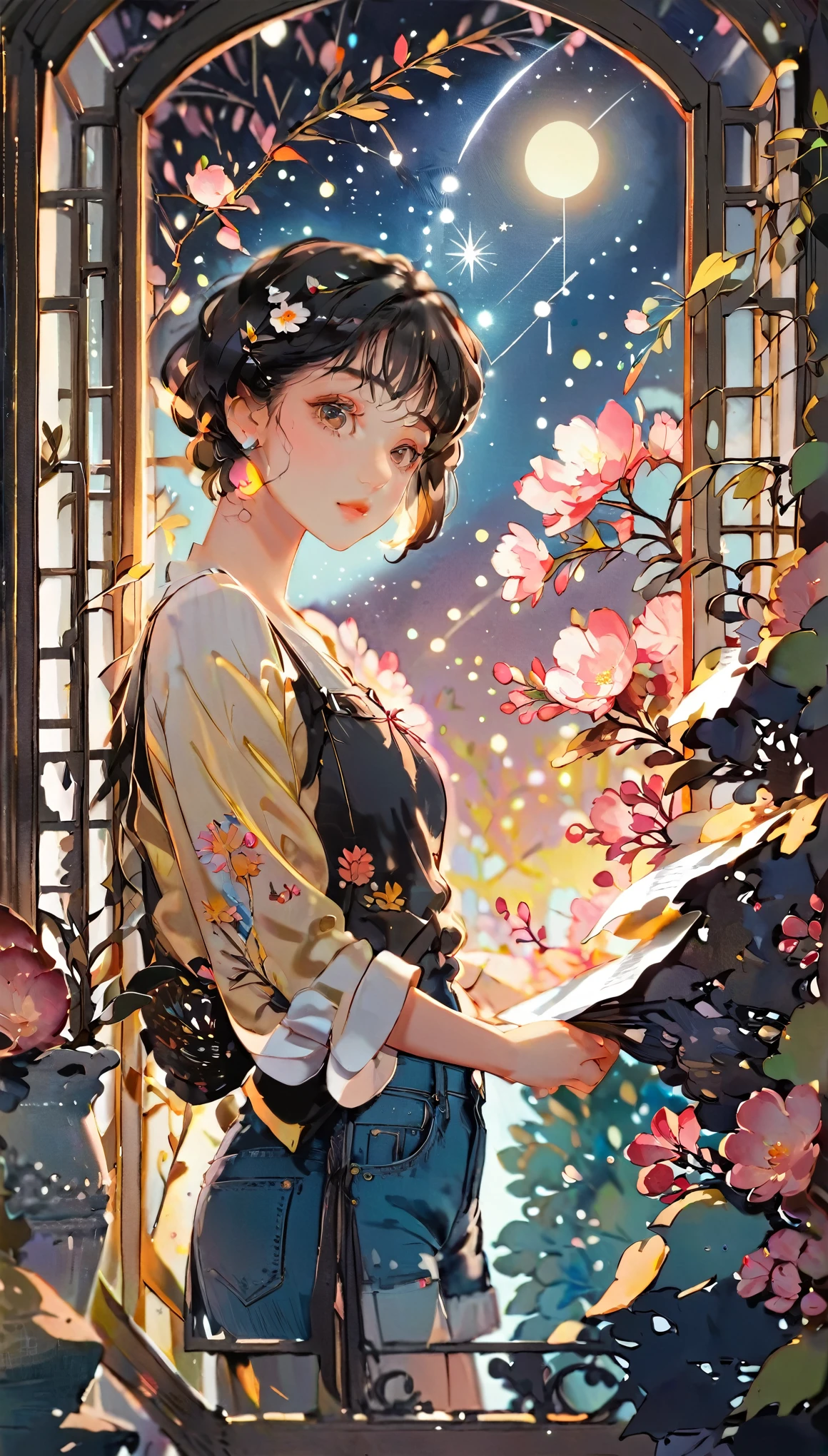 (((paper cutting style))), 1 girl, short black short hair, cap, shirts and denim, portfolio, gazing at a star-filled night sky