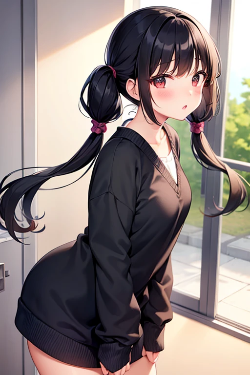 girl, cute, elementary school student, black hair, twin tails, clear skin, naked, blush, tits