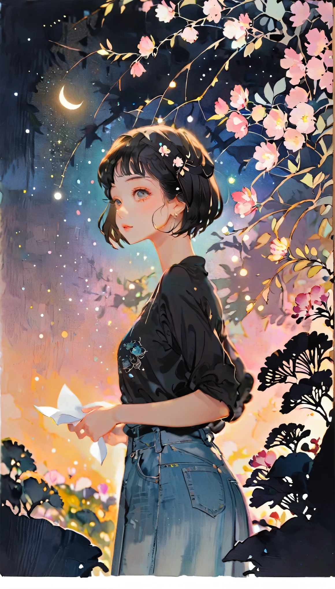 (((paper cutting style))), 1 girl, short black short hair, cap, shirts and denim, portfolio, gazing at a star-filled night sky