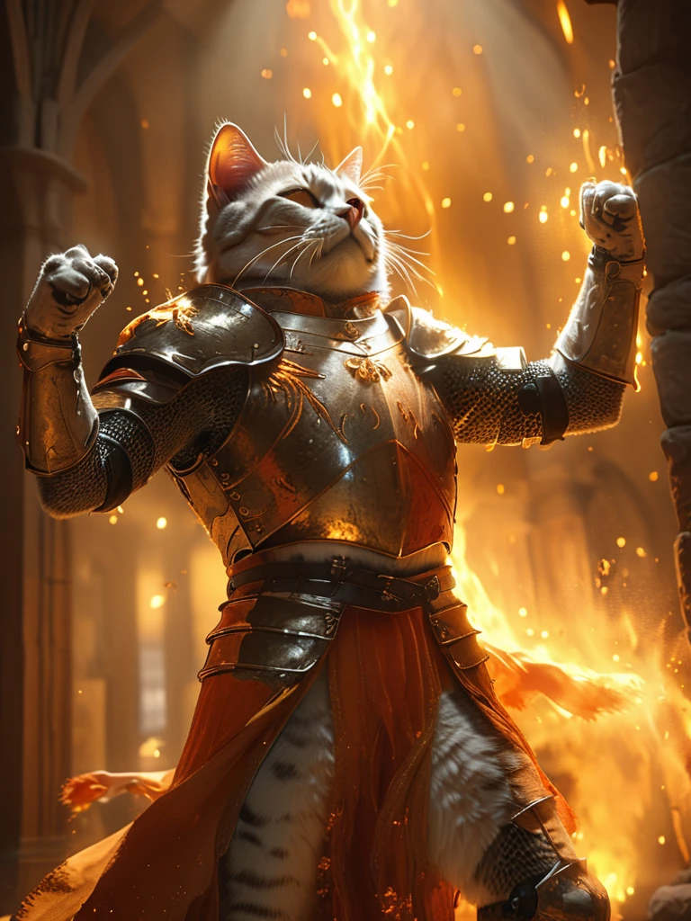 a (full body:1.2) cinematic shot of (an anthro cat:1.1), as orange soul knight, (arms up flexing victory pose:1.2), (soul leaving the body in the style of ethereal light effects:1.2),(soul particles around the knight:1.2), fantasy tavern in background, night, HD, masterpiece, best quality, hyper detailed, ultra detailed, super realistic,highpoly 3D game render,