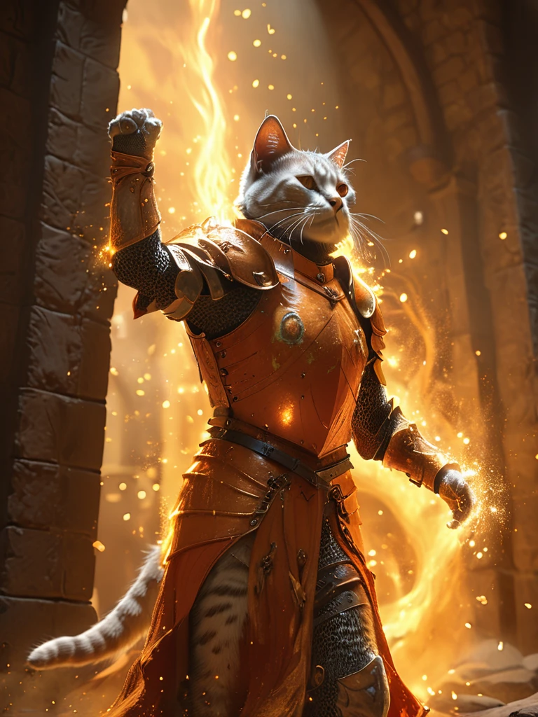 a (full body:1.2) cinematic shot of (an anthro cat:1.1), as orange soul knight, (arms up flexing victory pose:1.2), (soul leaving the body in the style of ethereal light effects:1.2),(soul particles around the knight:1.2), fantasy tavern in background, night, HD, masterpiece, best quality, hyper detailed, ultra detailed, super realistic,highpoly 3D game render,