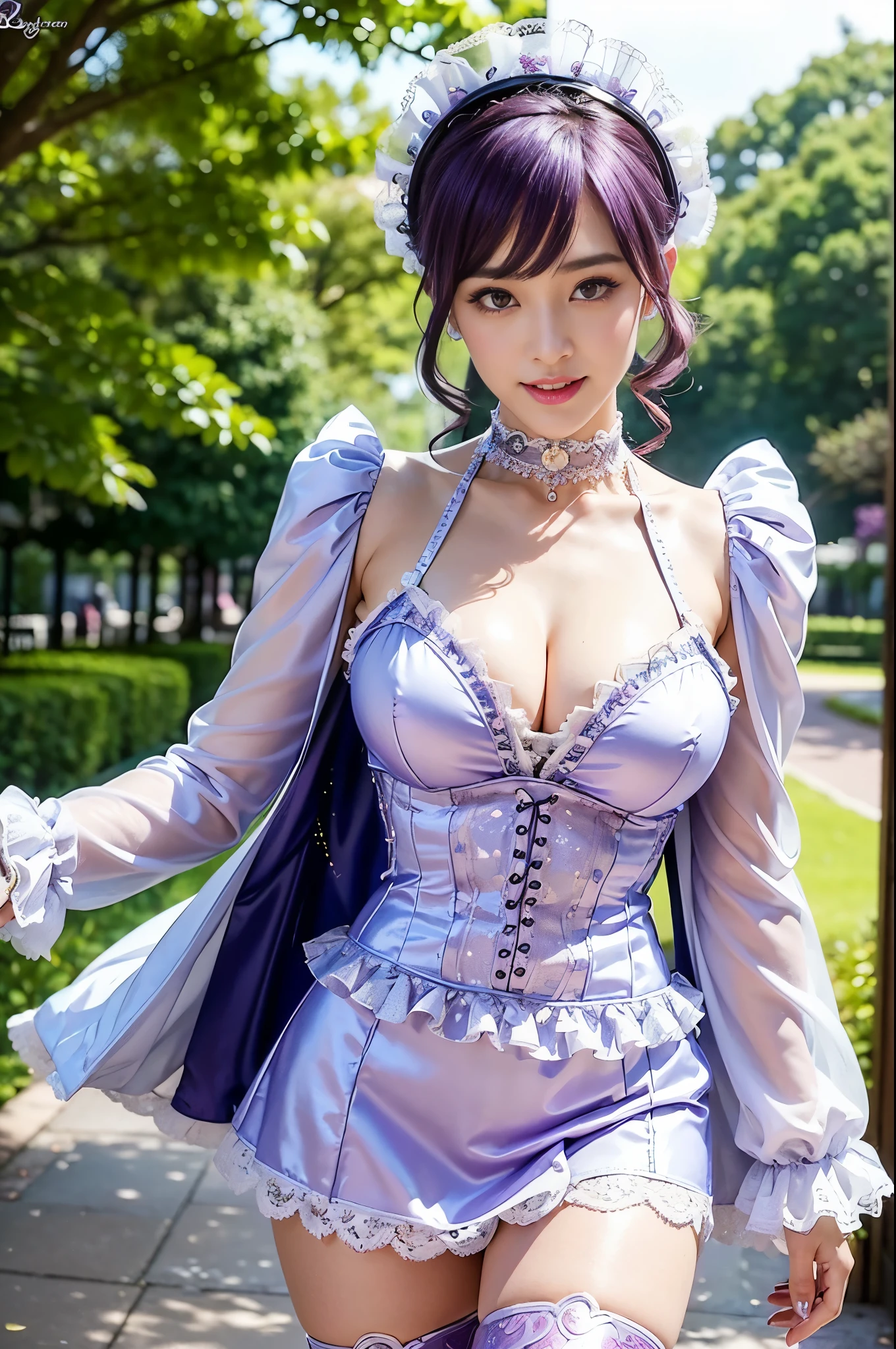 (nsfw), sexy stylish feminine model, only 1 female, ((doll-like appearance)), short purple stylish hair, ((shiny Victorian-Style boots)), (big smile), ultra detailed eyes, vivid eye makeup, lipgloss, long lashes, defined eyebrows, ((sexy Paradise Kiss cosplay)), bell-shaped skirt, petticoats, high neckline, puffed sleeves, ((ultra detailed lace)), ((ultra detailed embroidery)), intricate details, Paradise Kiss accessoires and matching headpiece, choker, ((large sparkling Paradise Kiss jewelry)), cinematic light, detailed large park background with trees